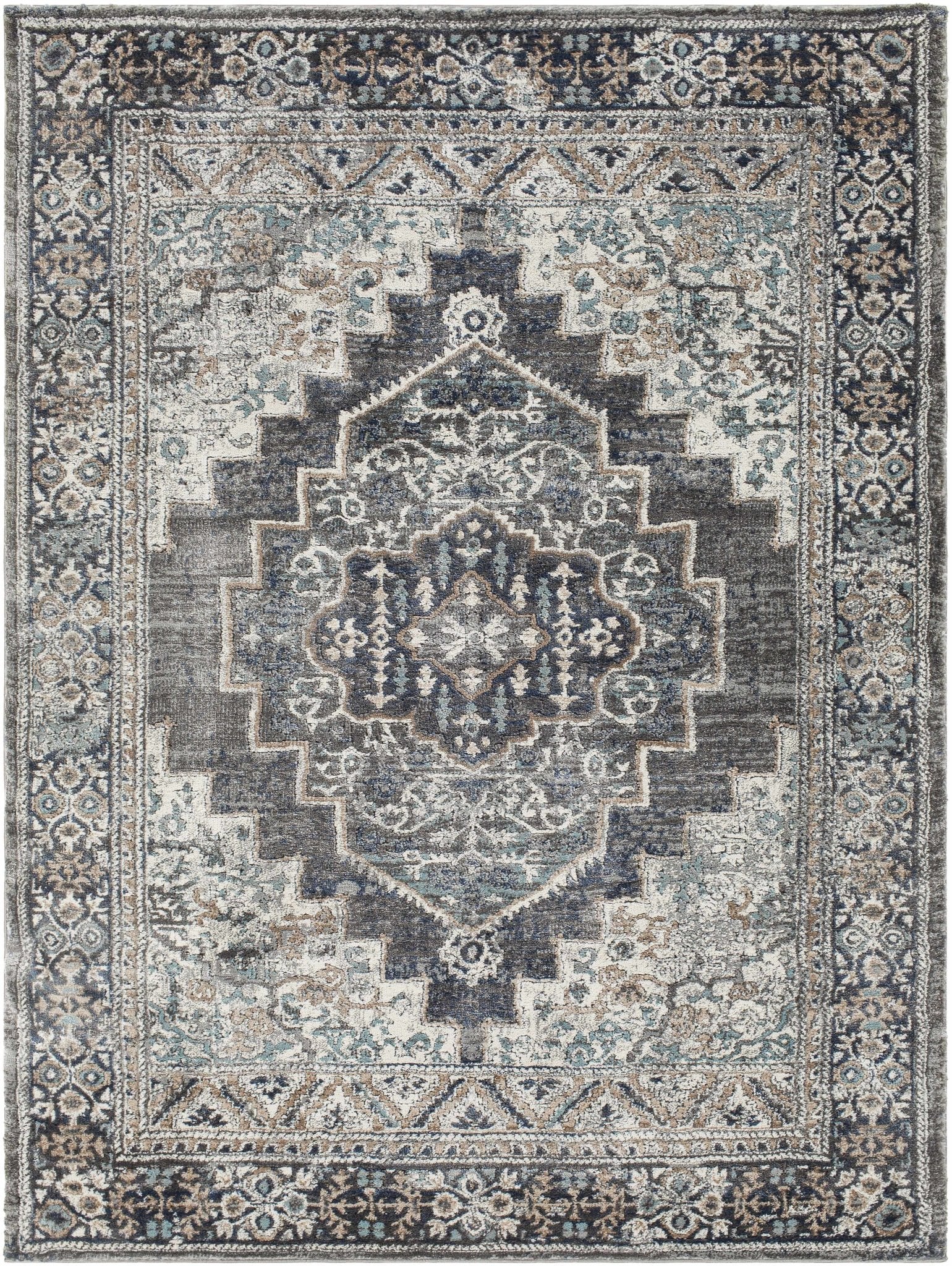 Traditional Medallion Design Charcoal Machine Woven Area Rug - Image 2