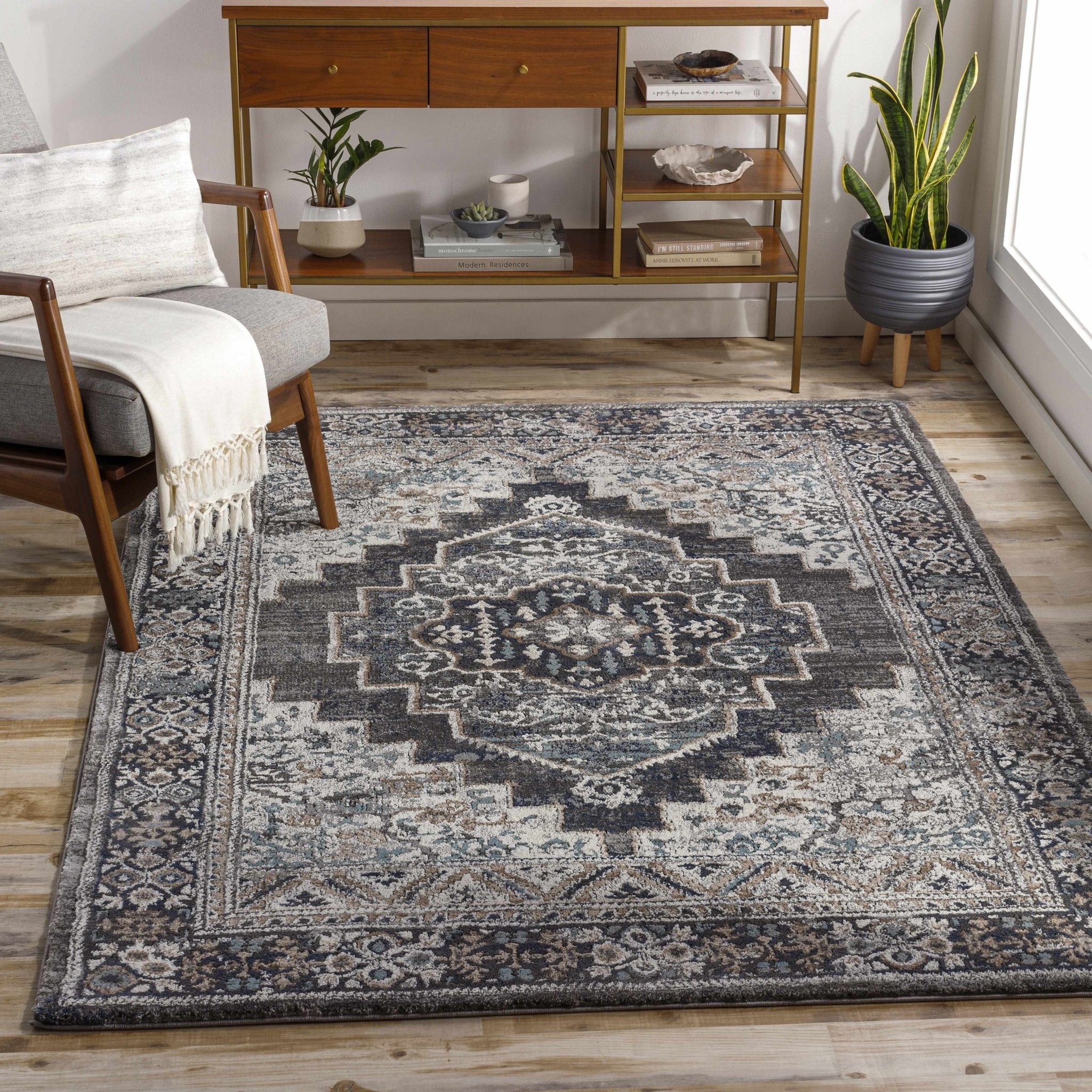Traditional Medallion Design Charcoal Machine Woven Area Rug - Image 3