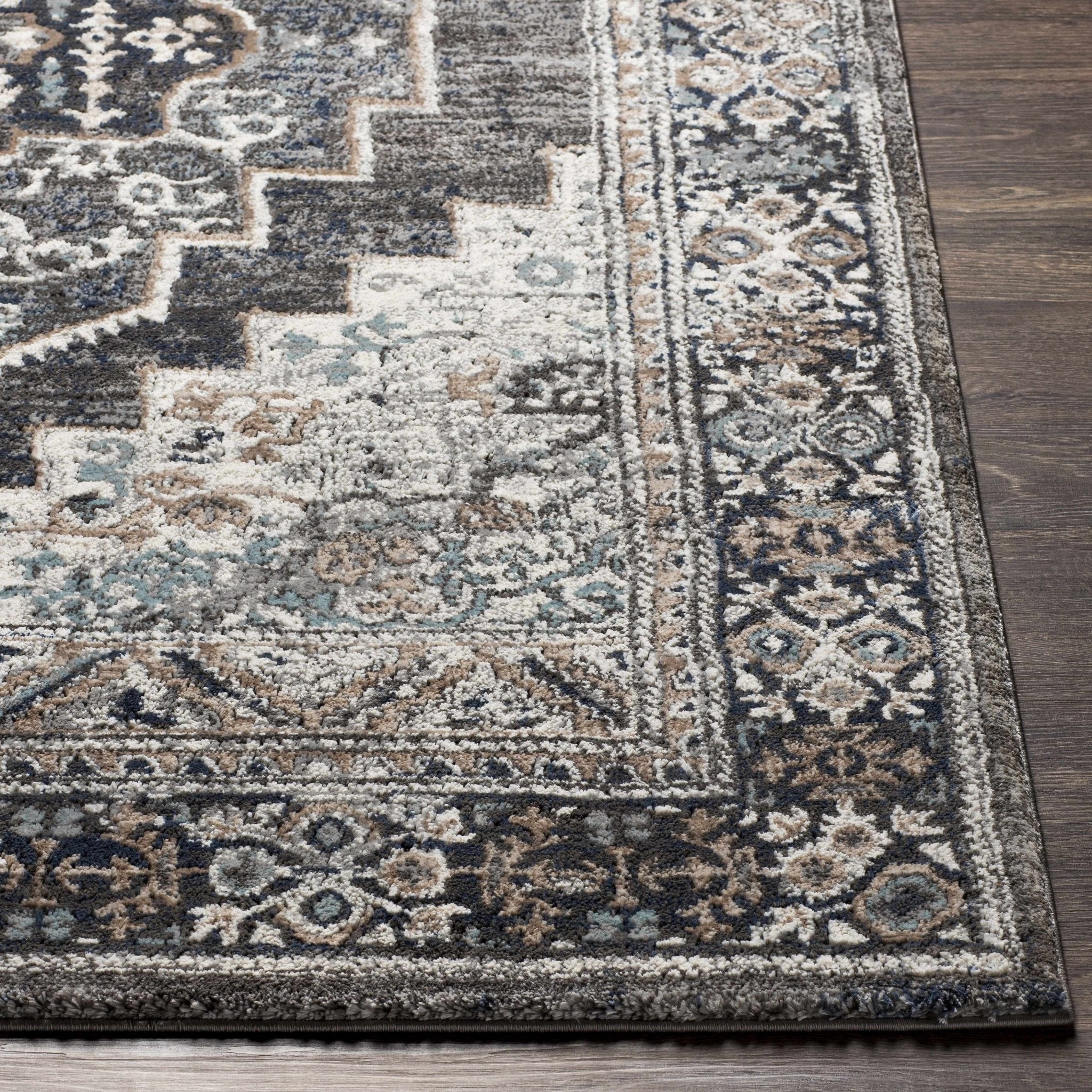 Traditional Medallion Design Charcoal Machine Woven Area Rug - Image 4