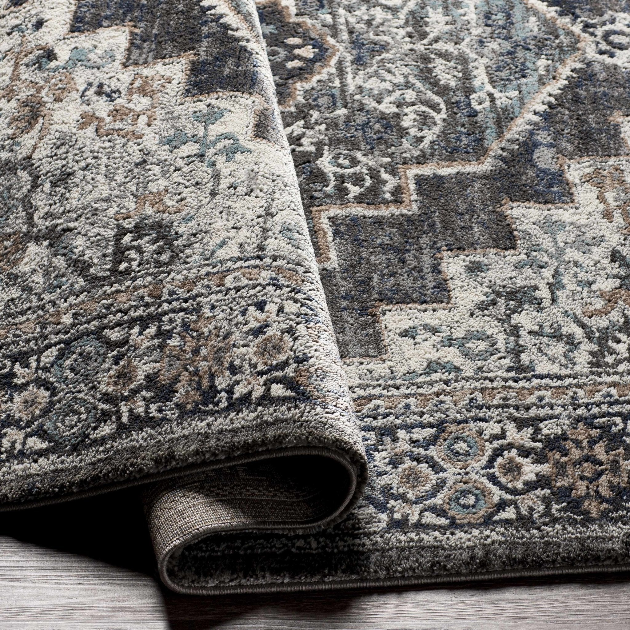 Traditional Medallion Design Charcoal Machine Woven Area Rug - Image 5