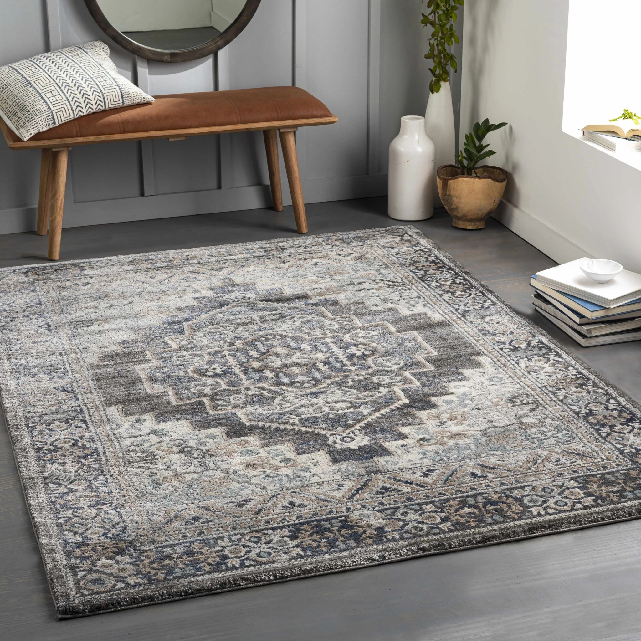 Traditional Medallion Design Charcoal Machine Woven Area Rug - Image 7
