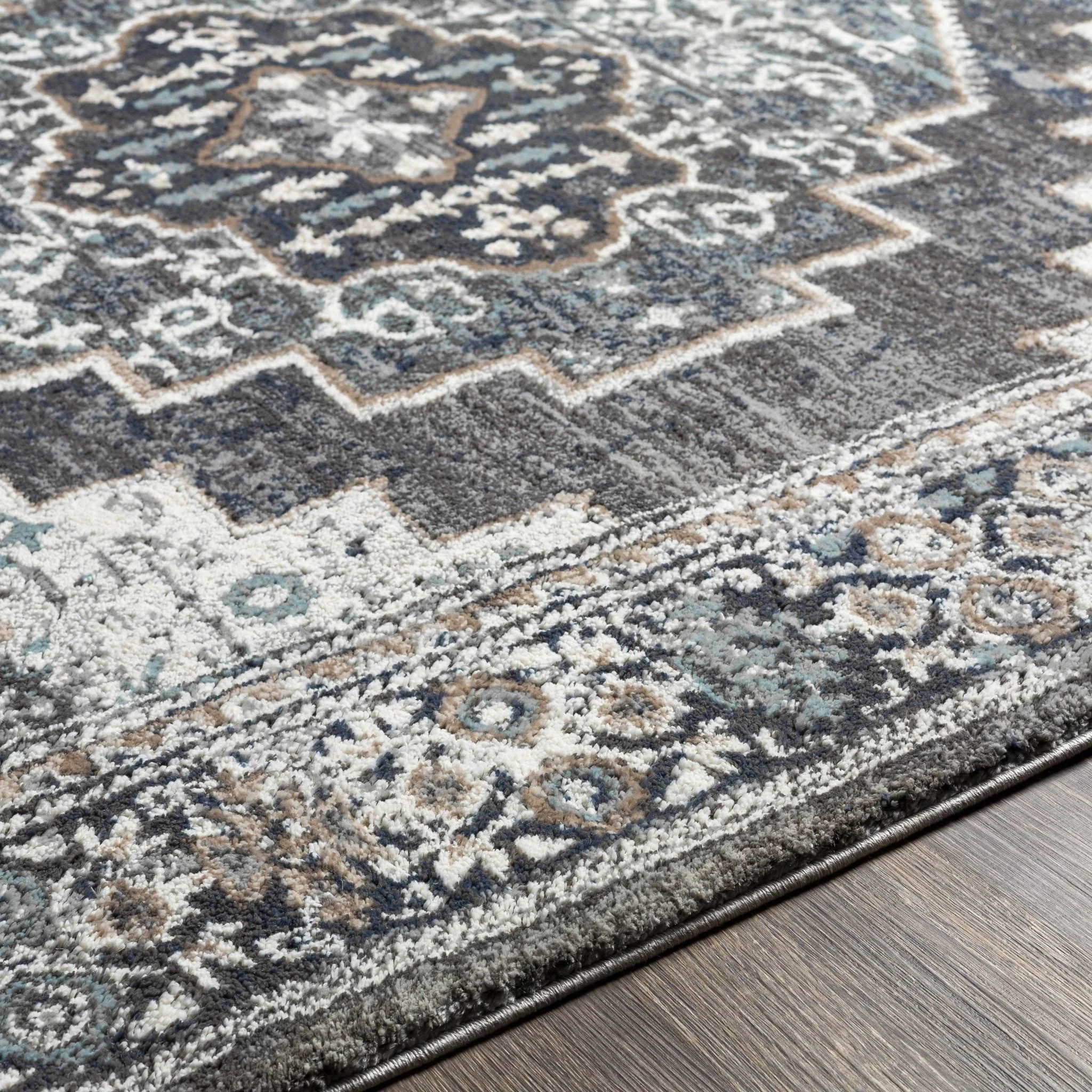 Traditional Medallion Design Charcoal Machine Woven Area Rug - Image 8