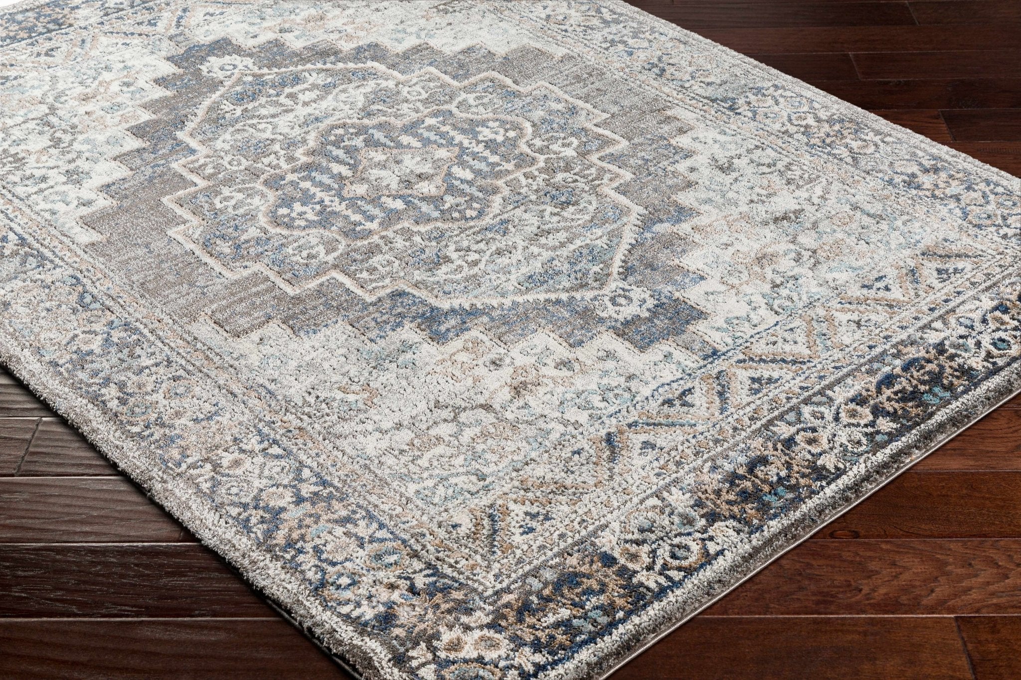 Traditional Medallion Design Charcoal Machine Woven Area Rug - Image 9