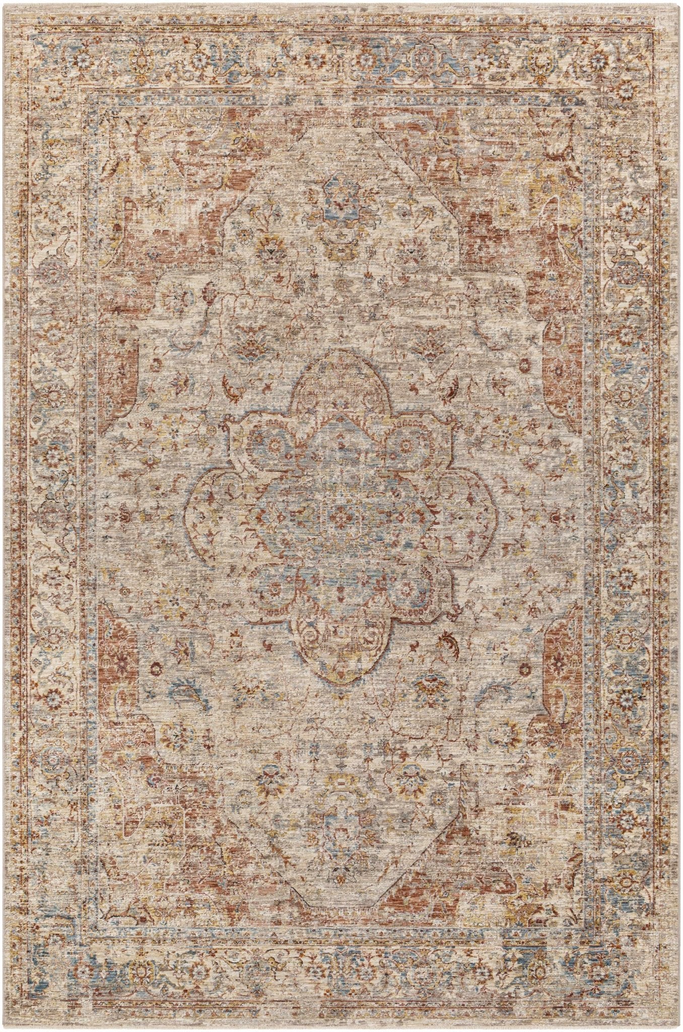 Traditional Medallion Design Rust And Cream Machine Woven Rug - Image 2