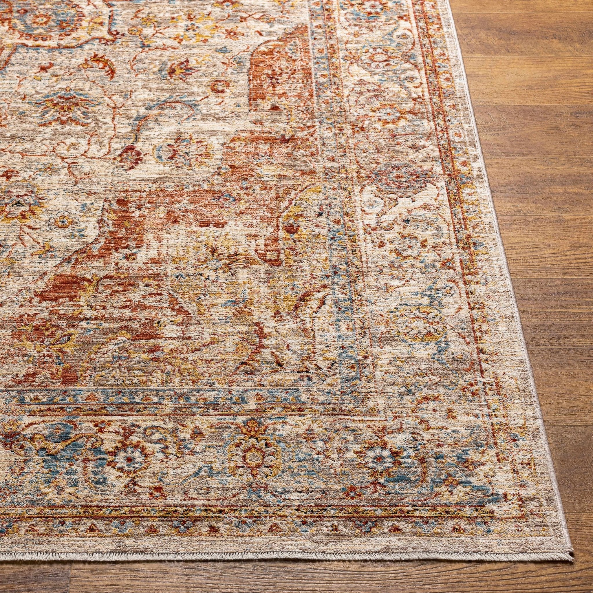 Traditional Medallion Design Rust And Cream Machine Woven Rug - Image 3