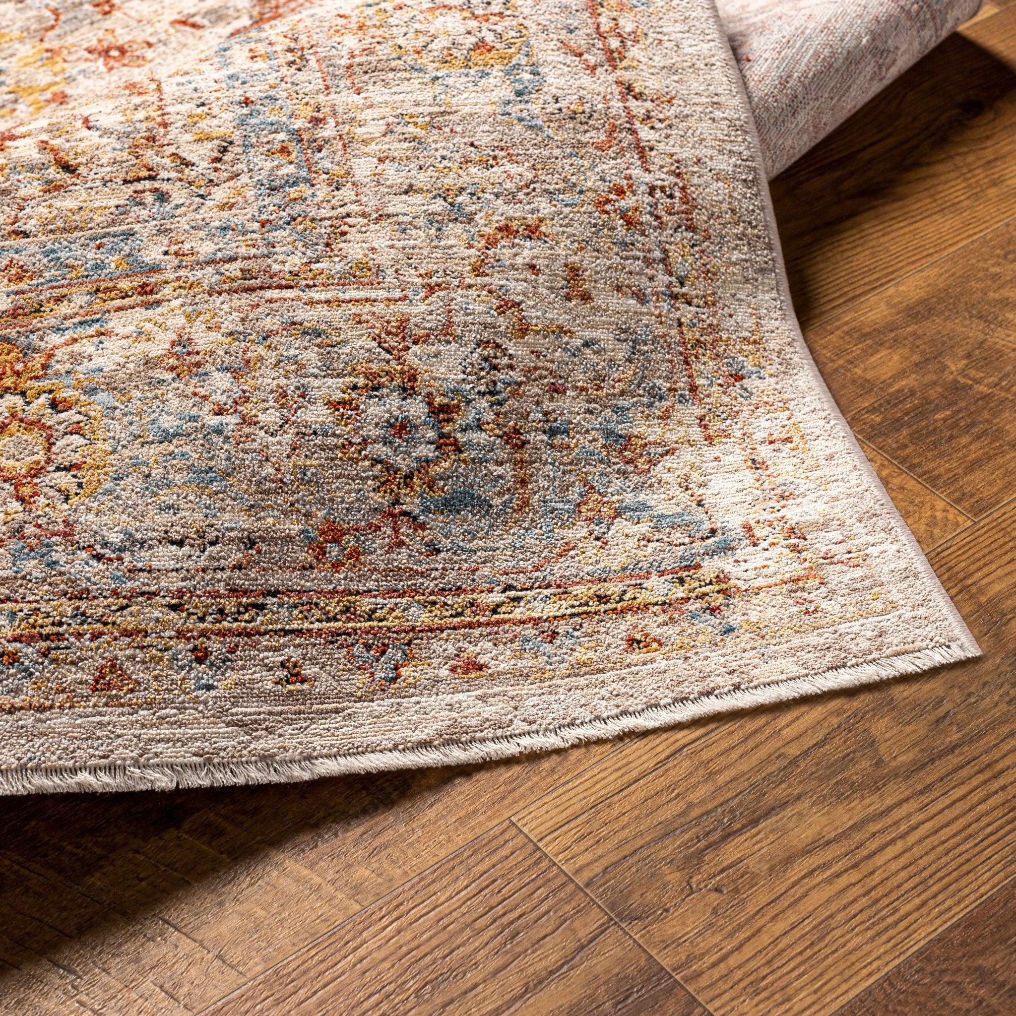 Traditional Medallion Design Rust And Cream Machine Woven Rug - Image 4
