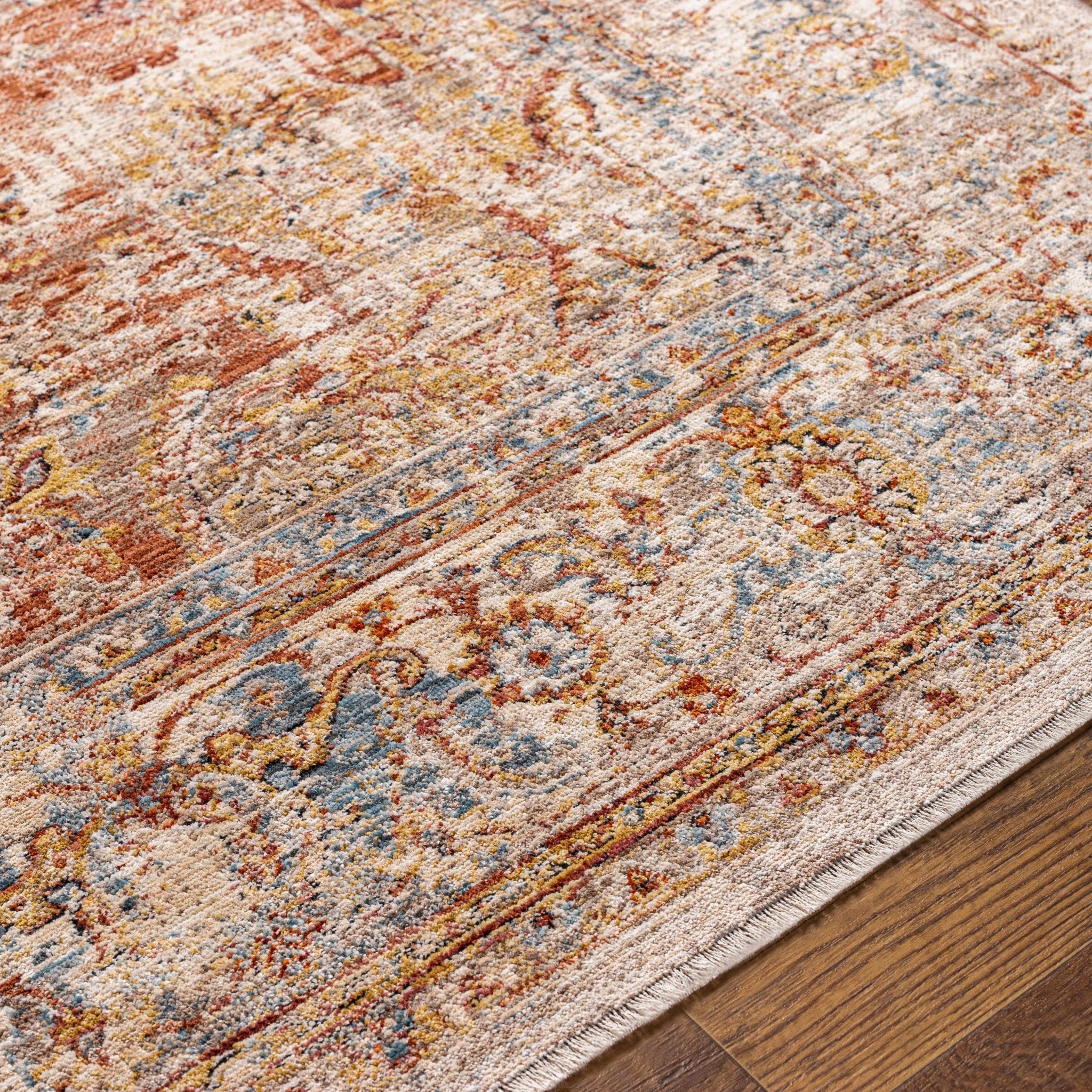 Traditional Medallion Design Rust And Cream Machine Woven Rug - Image 7