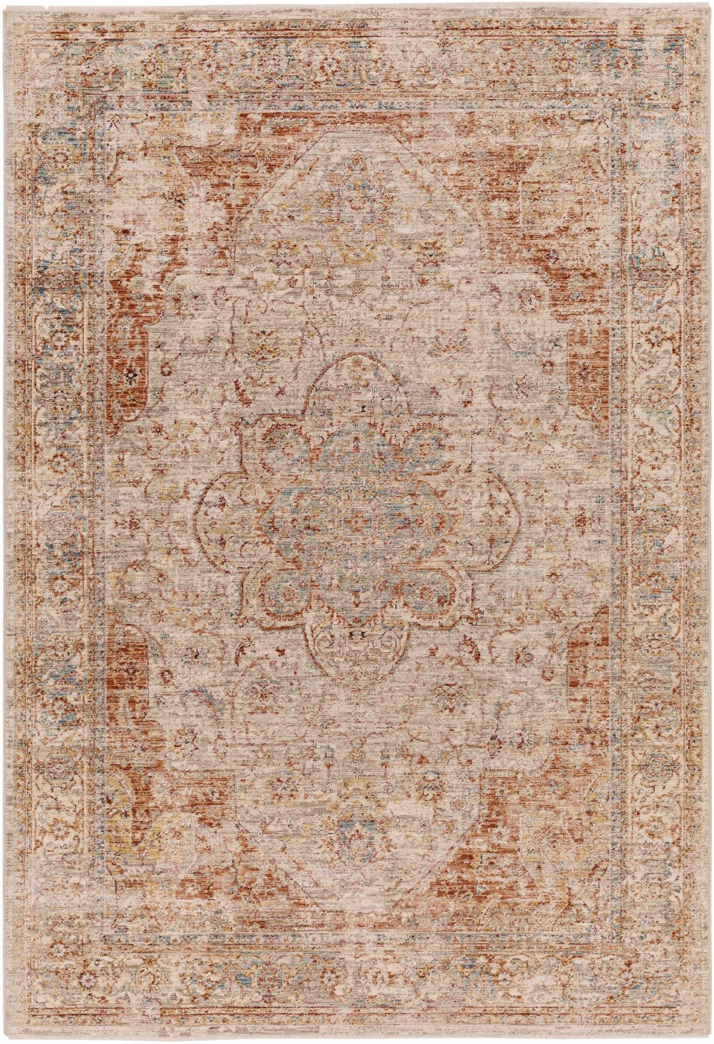 Traditional Medallion Design Rust And Cream Machine Woven Rug - Image 8