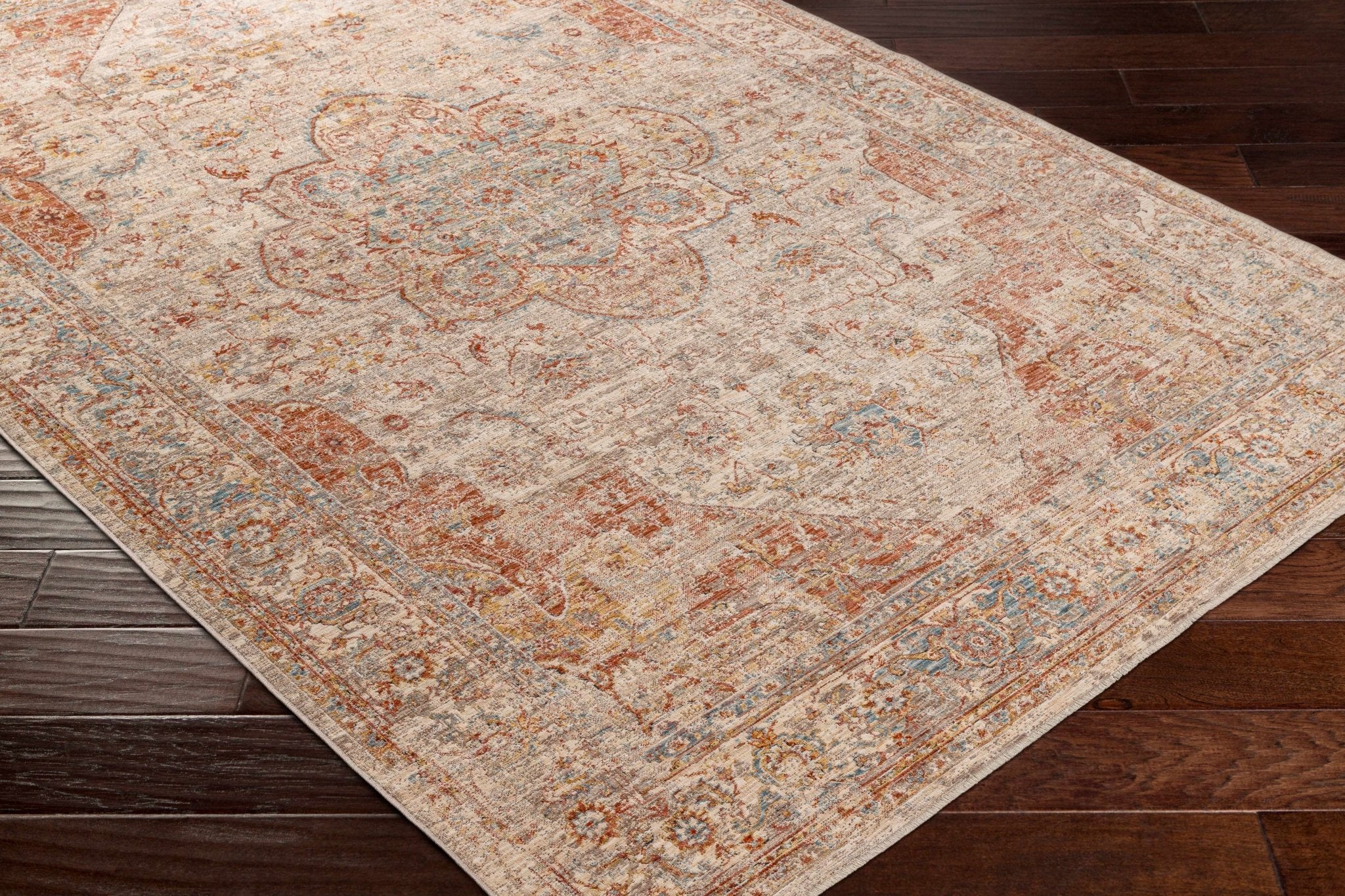 Traditional Medallion Design Rust And Cream Machine Woven Rug - Image 9