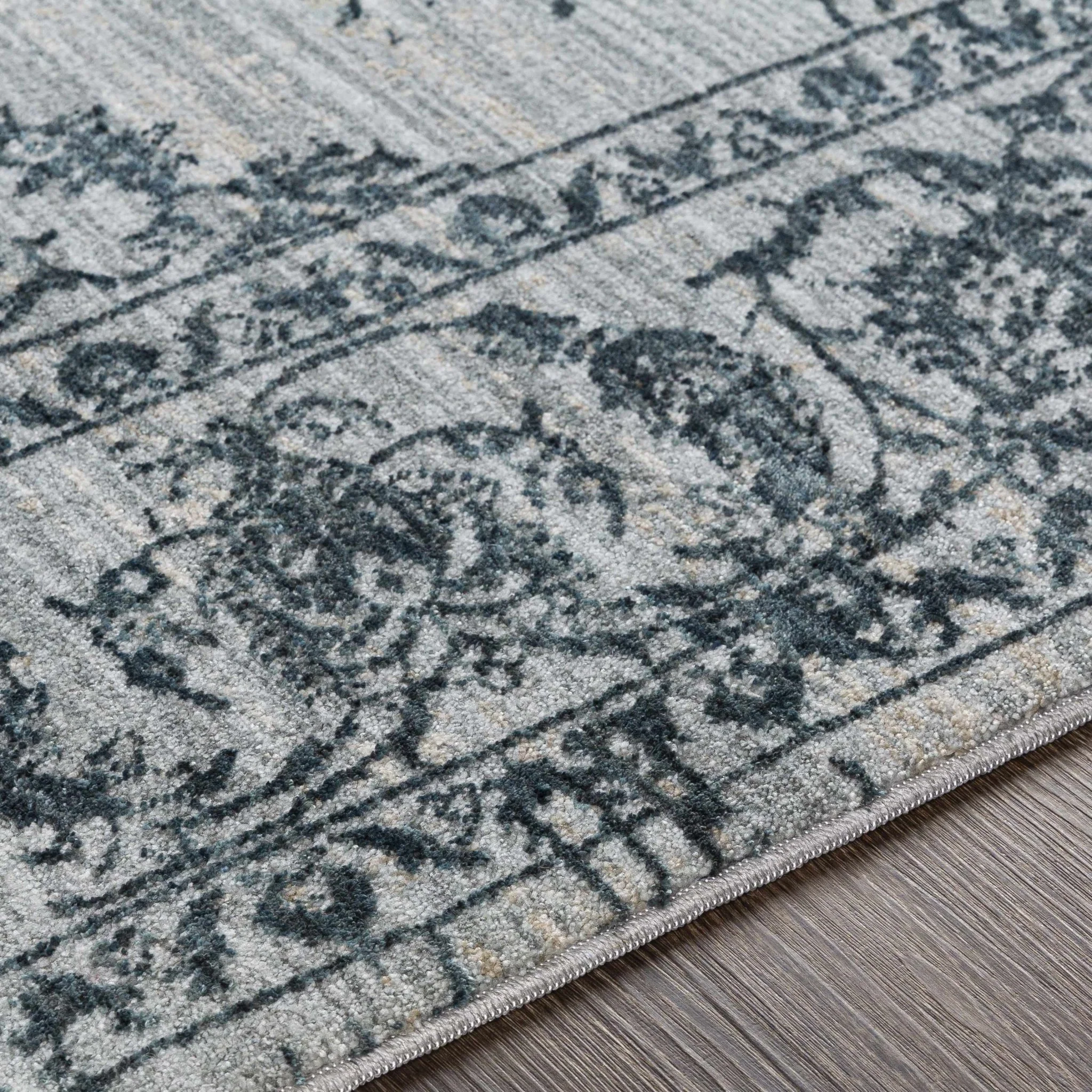 Traditional Medallion Gray And Ivory Machine Woven Rug - Image 13