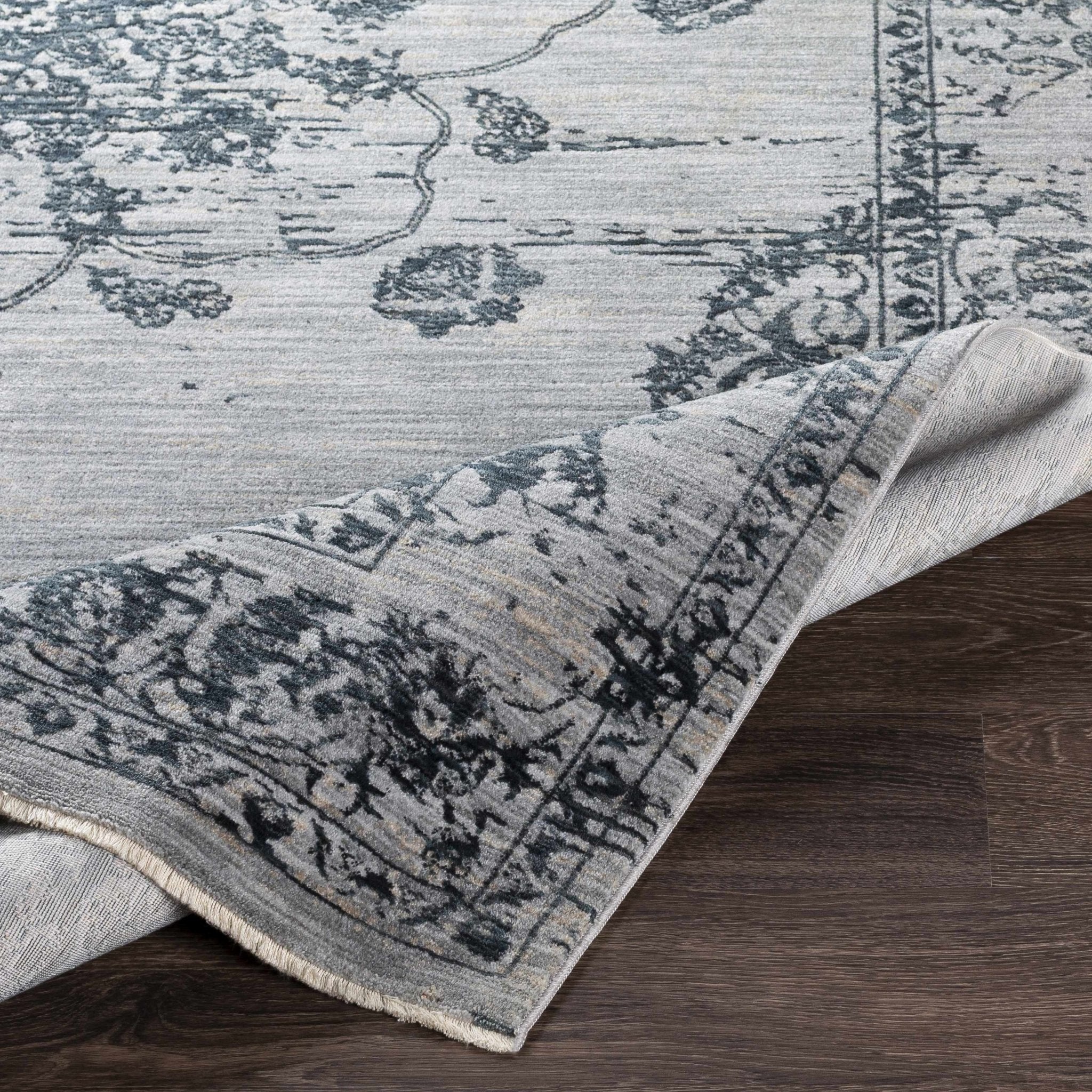 Traditional Medallion Gray And Ivory Machine Woven Rug - Image 14