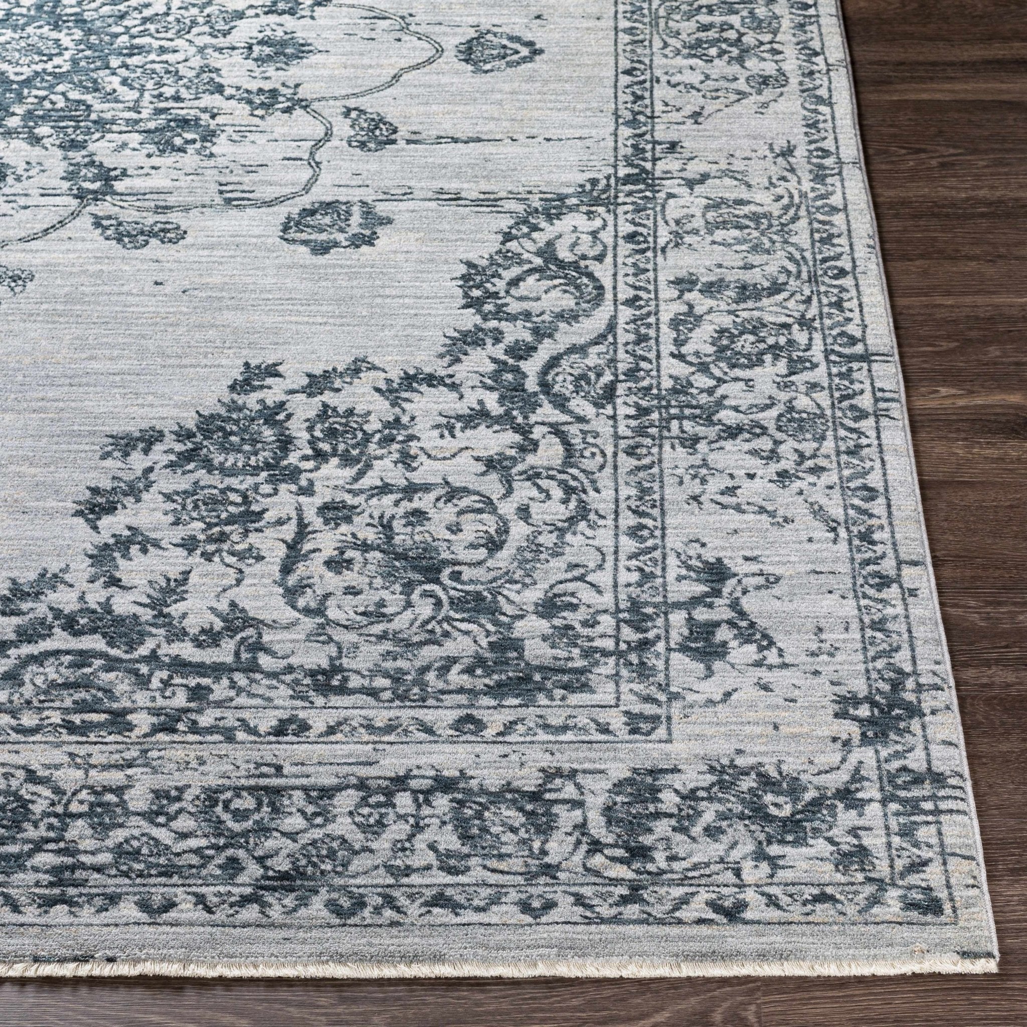 Traditional Medallion Gray And Ivory Machine Woven Rug - Image 4