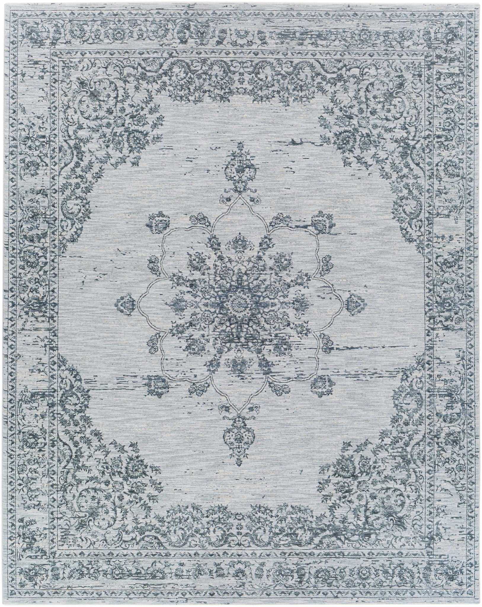 Traditional Medallion Gray And Ivory Machine Woven Rug - Image 6