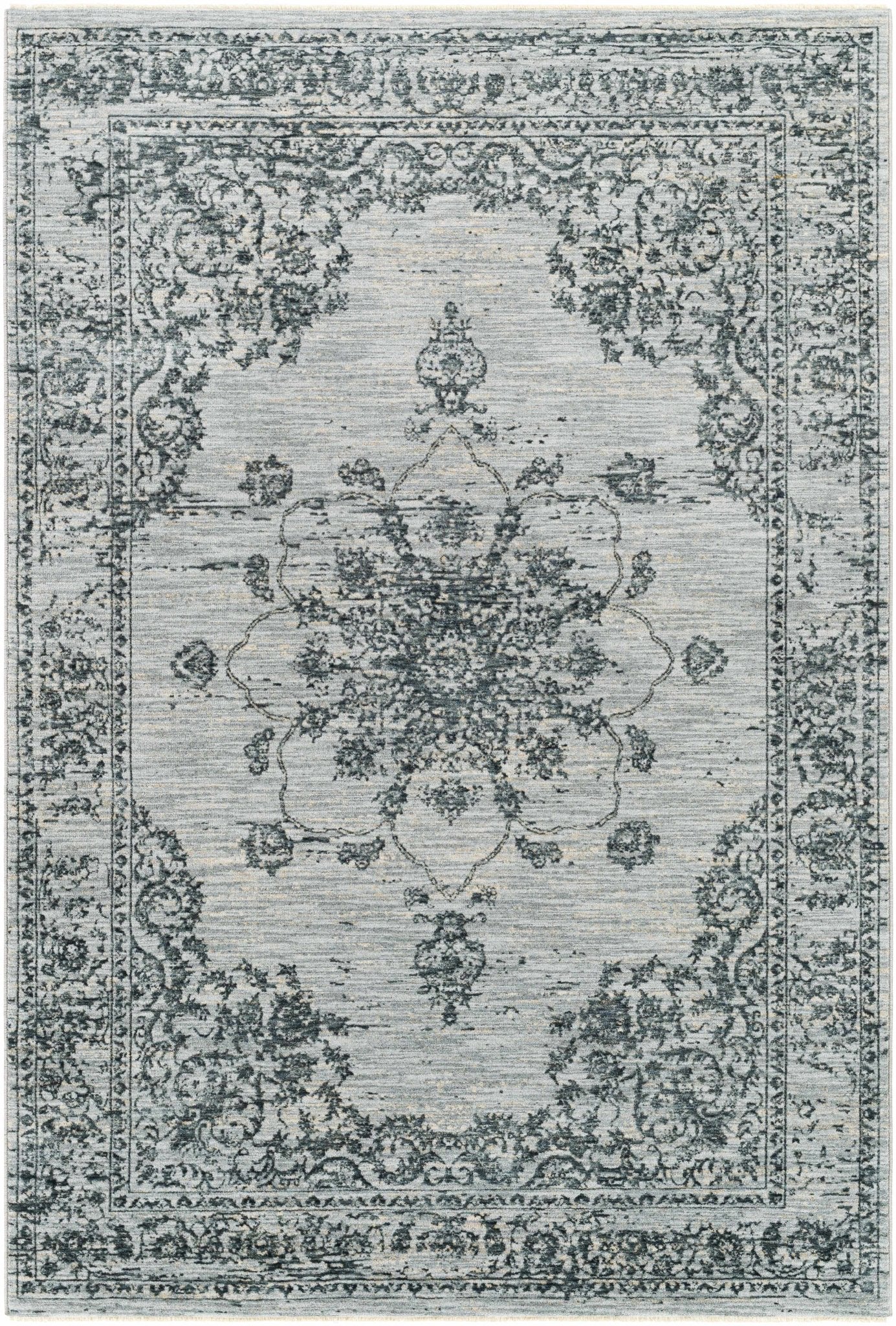 Traditional Medallion Gray And Ivory Machine Woven Rug - Image 8