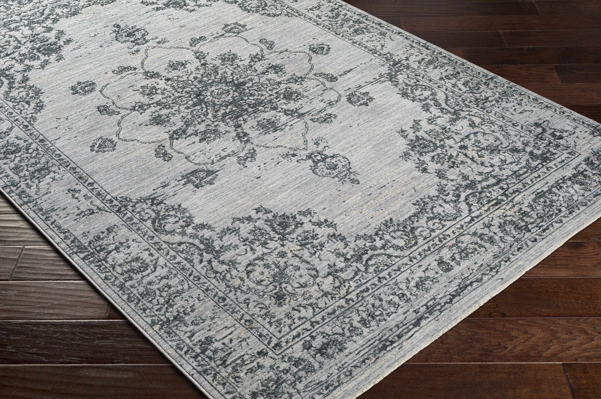 Traditional Medallion Gray And Ivory Machine Woven Rug - Image 9