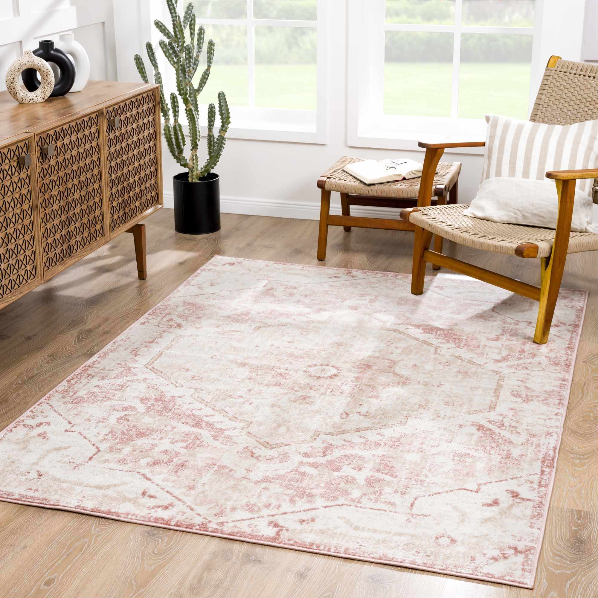 Traditional Medallion Pink, Silver and Beige Multi Size Area Rug - Image 2