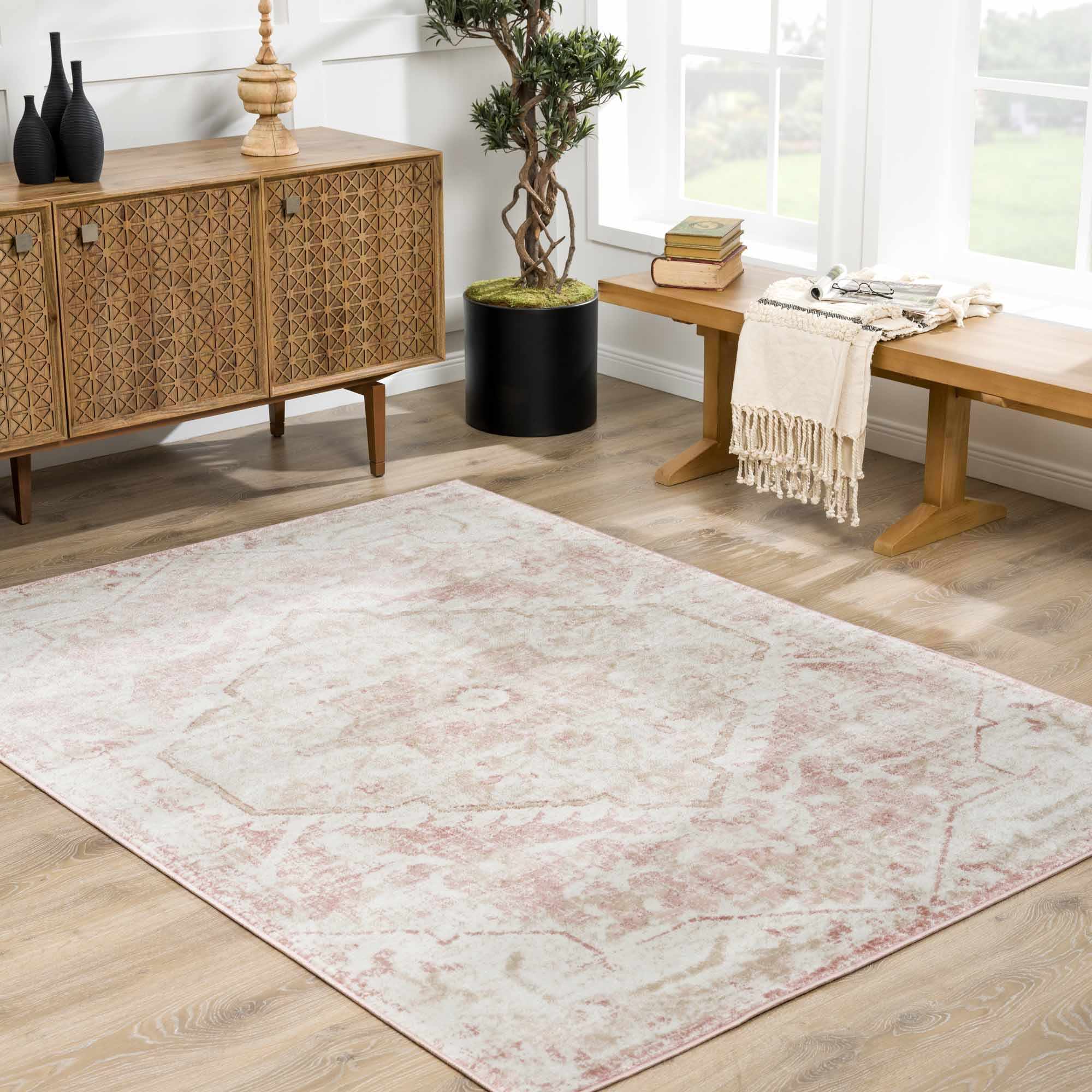 Traditional Medallion Pink, Silver and Beige Multi Size Area Rug - Image 5