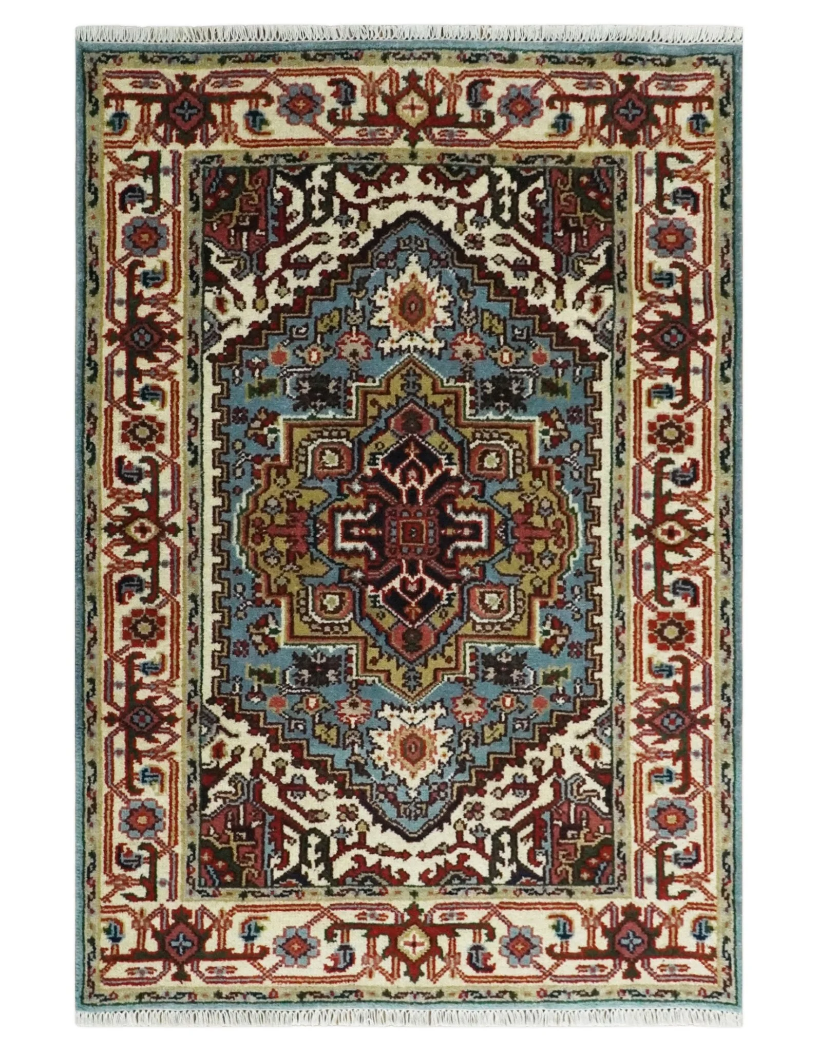 3x5 and 4x6 Mustard, Aqua and Ivory and Brown Traditional Hand knotted wool Area Rug - Image 10