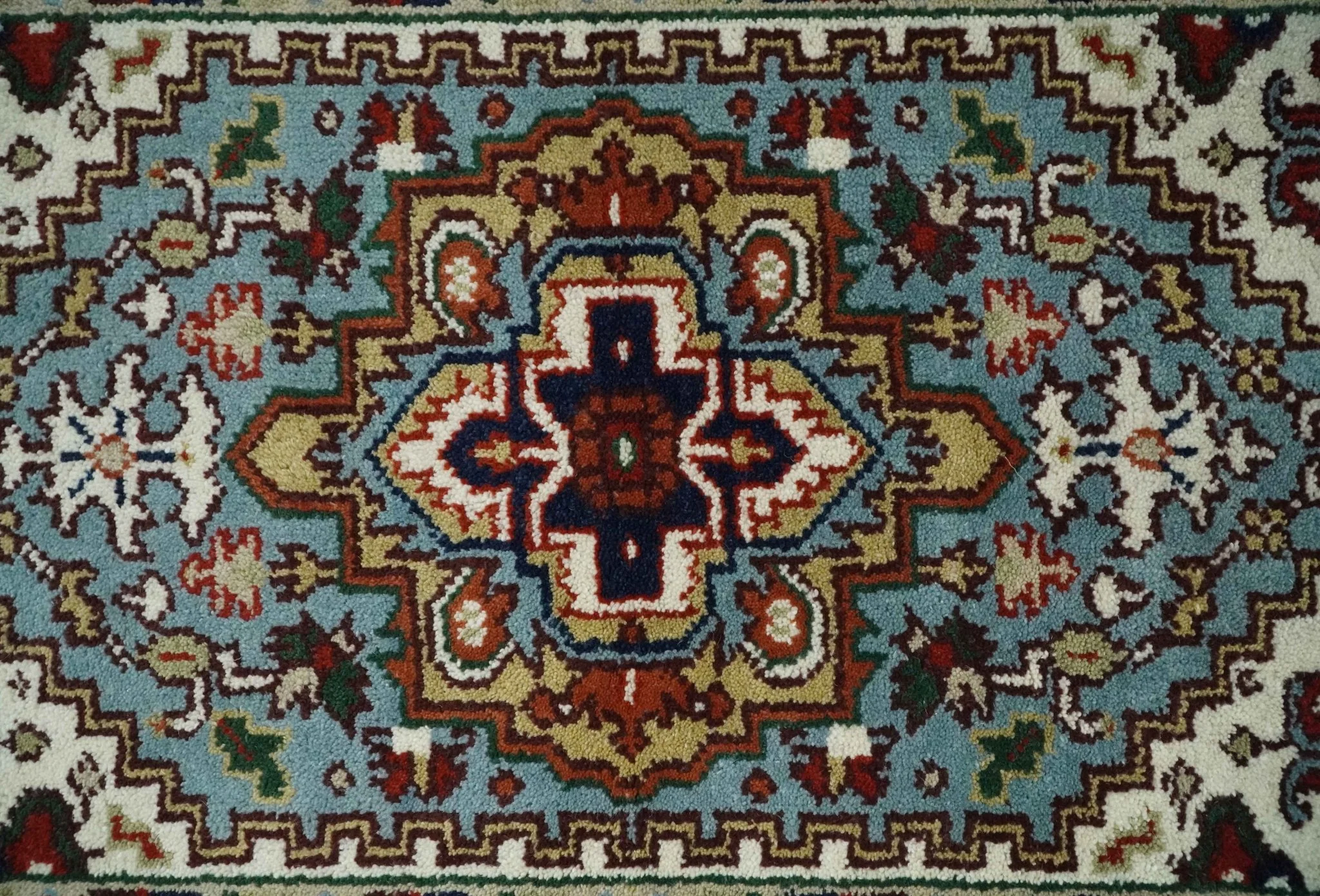 3x5 and 4x6 Mustard, Aqua and Ivory and Brown Traditional Hand knotted wool Area Rug - Image 4
