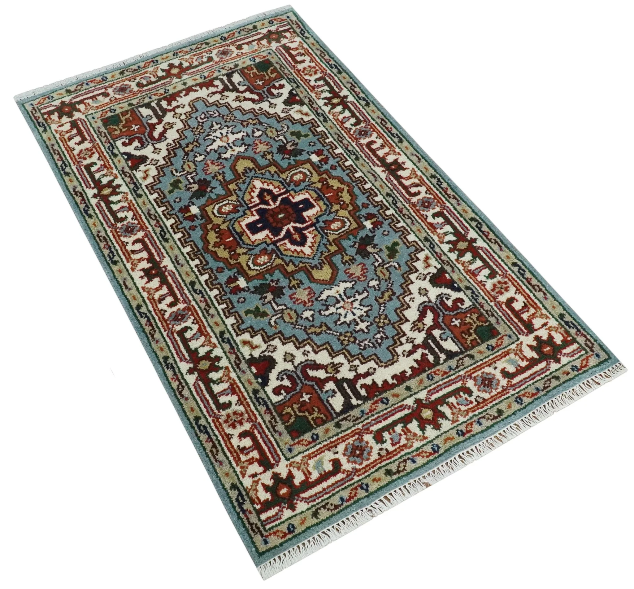 3x5 and 4x6 Mustard, Aqua and Ivory and Brown Traditional Hand knotted wool Area Rug - Image 8