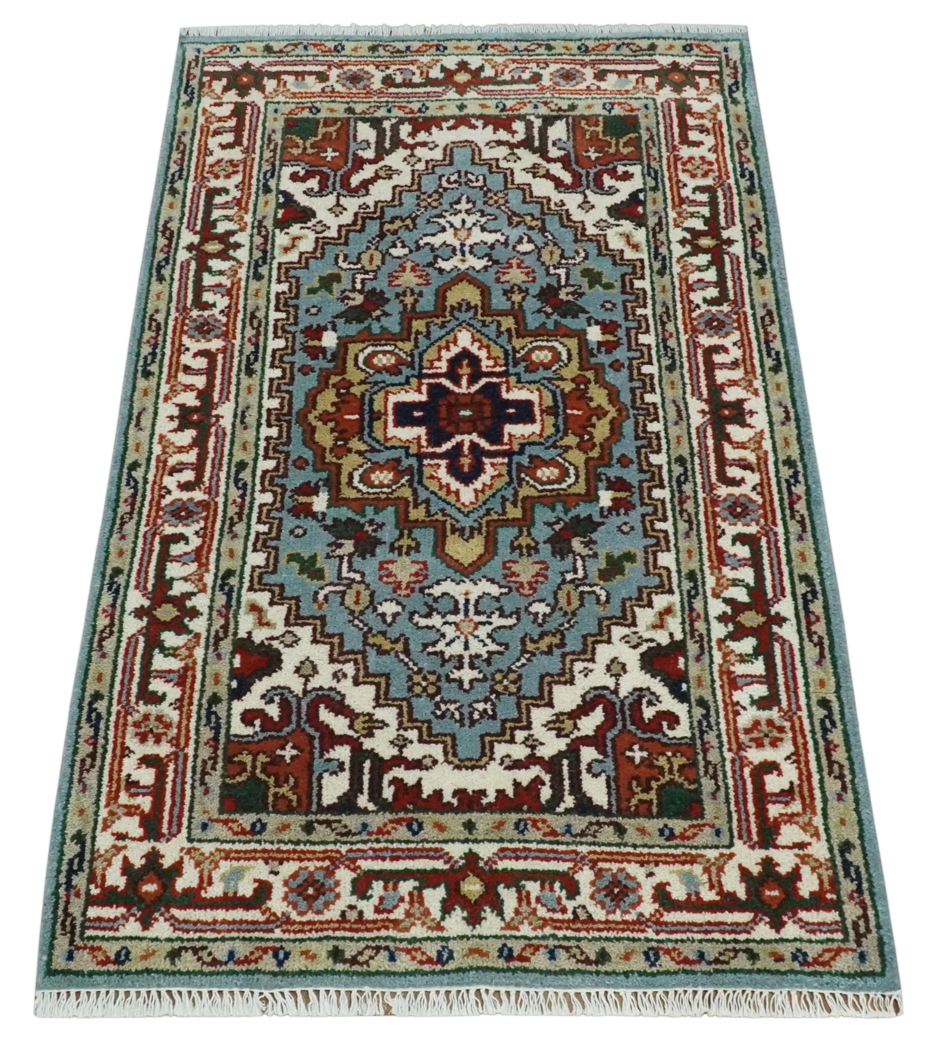 3x5 and 4x6 Mustard, Aqua and Ivory and Brown Traditional Hand knotted wool Area Rug - Image 9