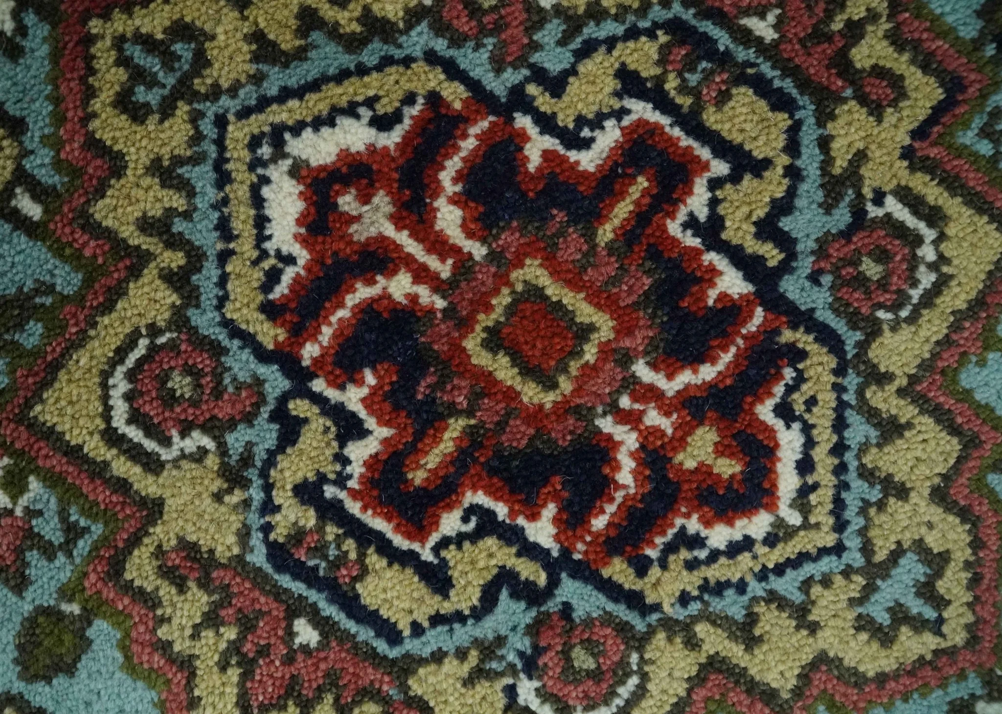 2.7x7.9 Traditional Mustard, Aqua and Ivory Hand knotted wool Area Rug - Image 2