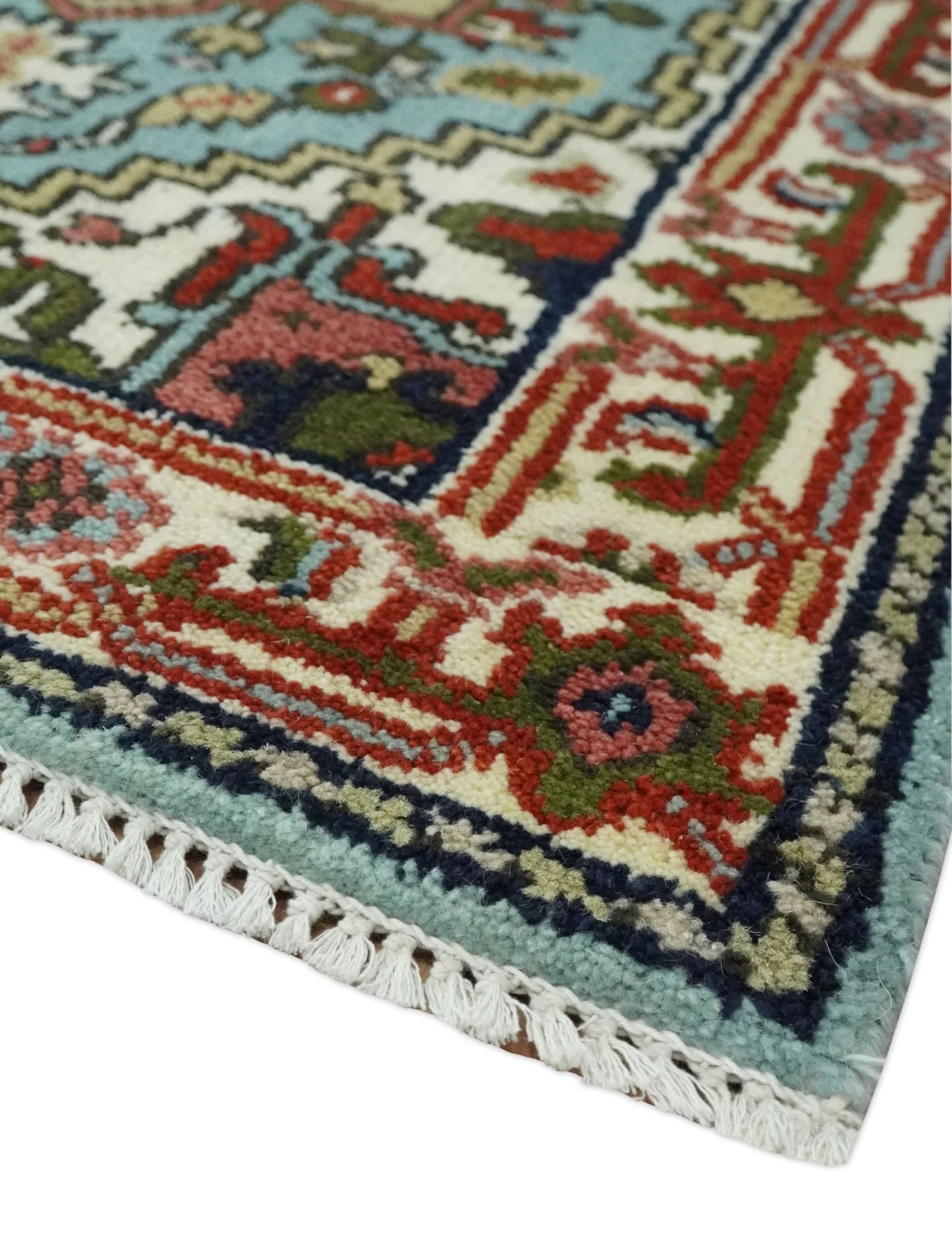 2.7x7.9 Traditional Mustard, Aqua and Ivory Hand knotted wool Area Rug - Image 3