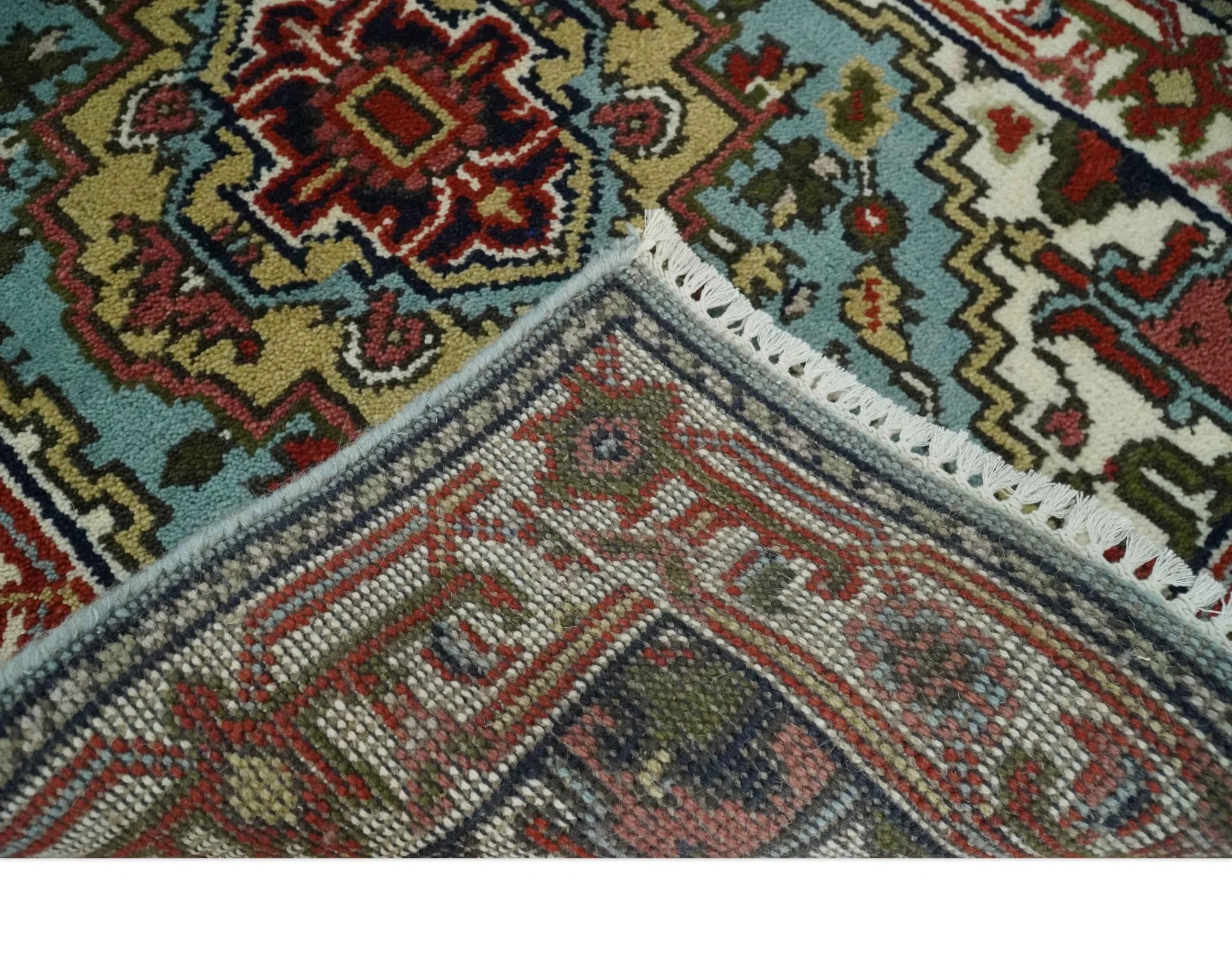 2.7x7.9 Traditional Mustard, Aqua and Ivory Hand knotted wool Area Rug - Image 5