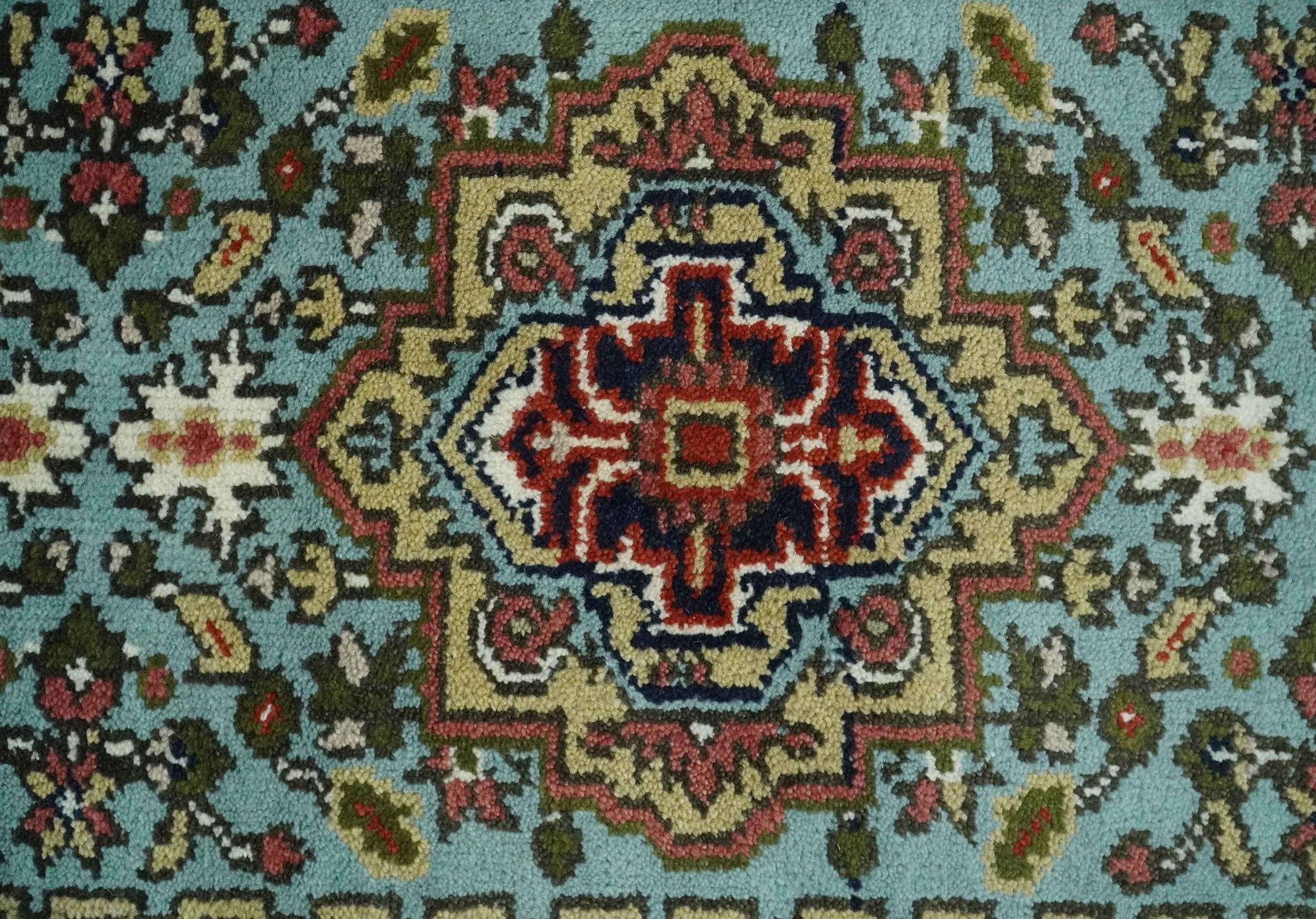 2.7x7.9 Traditional Mustard, Aqua and Ivory Hand knotted wool Area Rug - Image 6