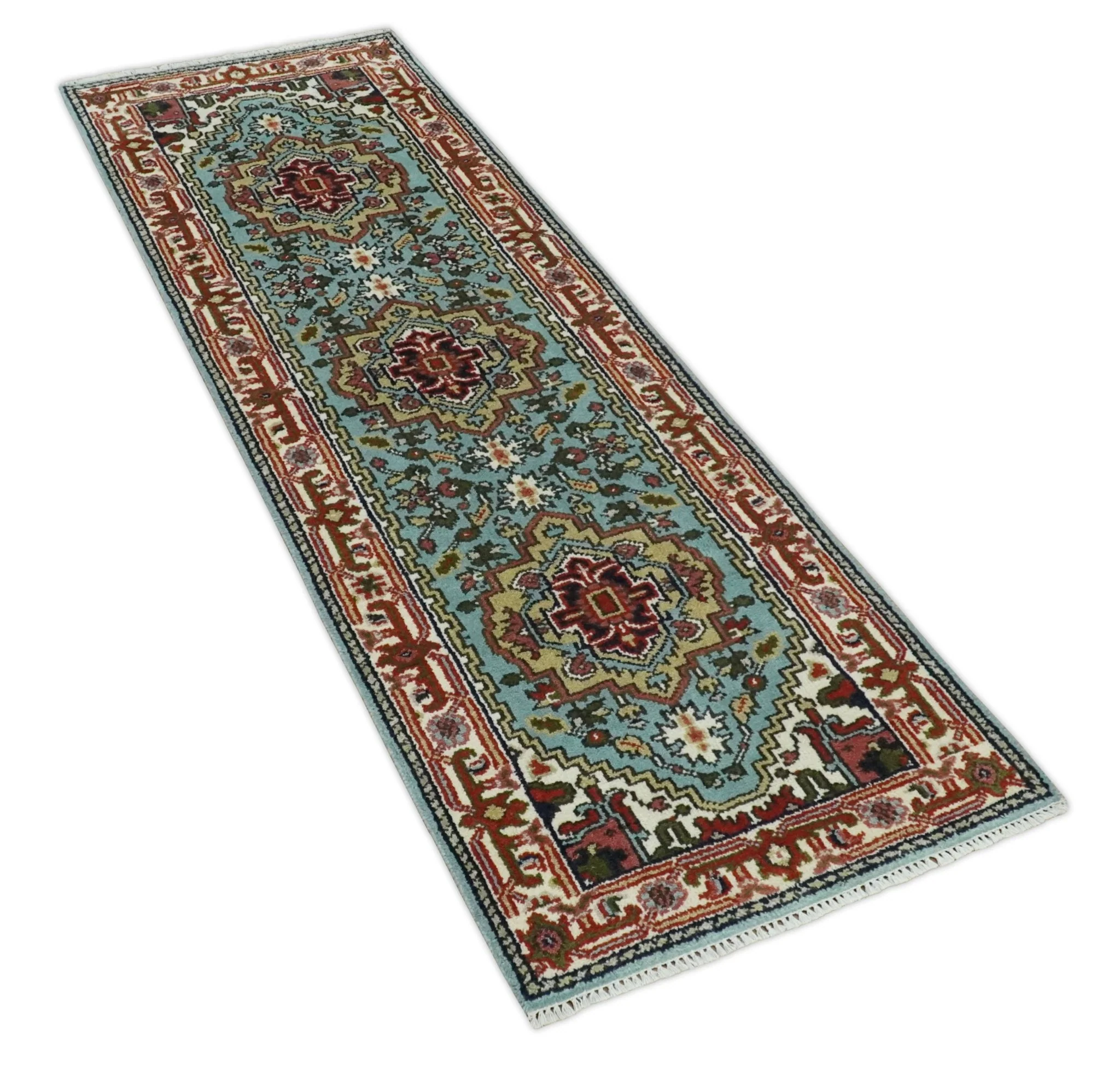 2.7x7.9 Traditional Mustard, Aqua and Ivory Hand knotted wool Area Rug - Image 8