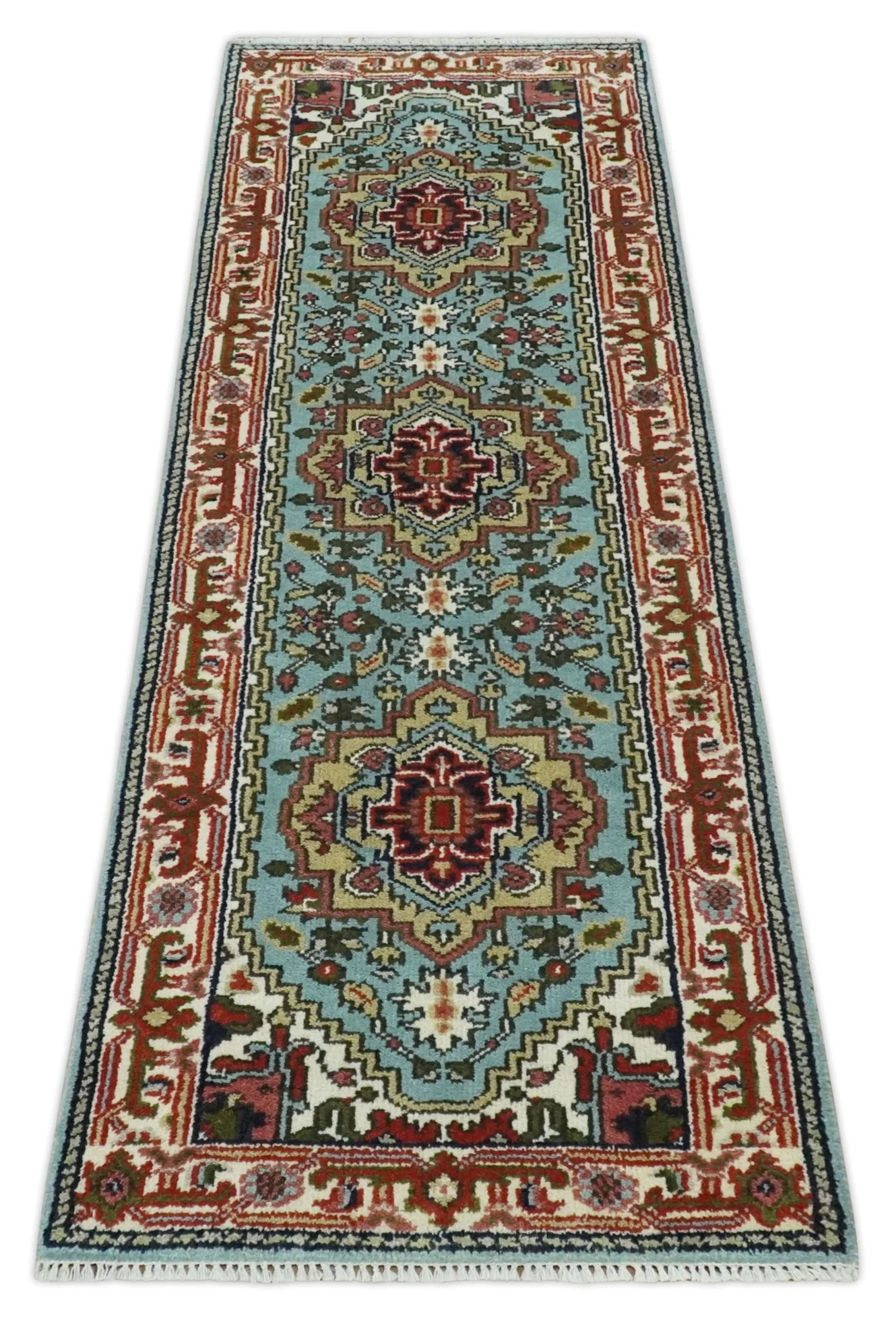 2.7x7.9 Traditional Mustard, Aqua and Ivory Hand knotted wool Area Rug - Image 9