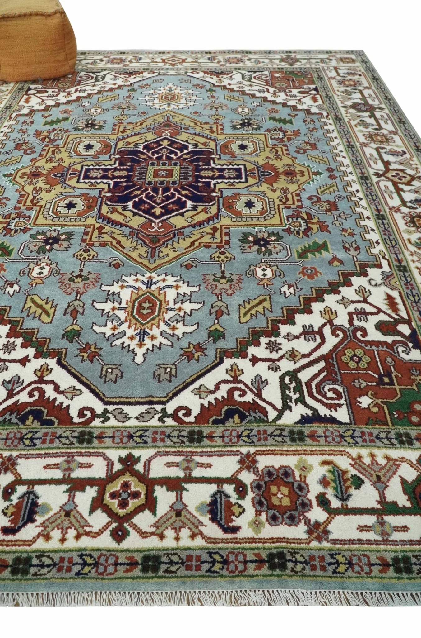 9x12 and Runner Traditional Mustard, Silver and Ivory Hand knotted wool Area Rug - Image 3