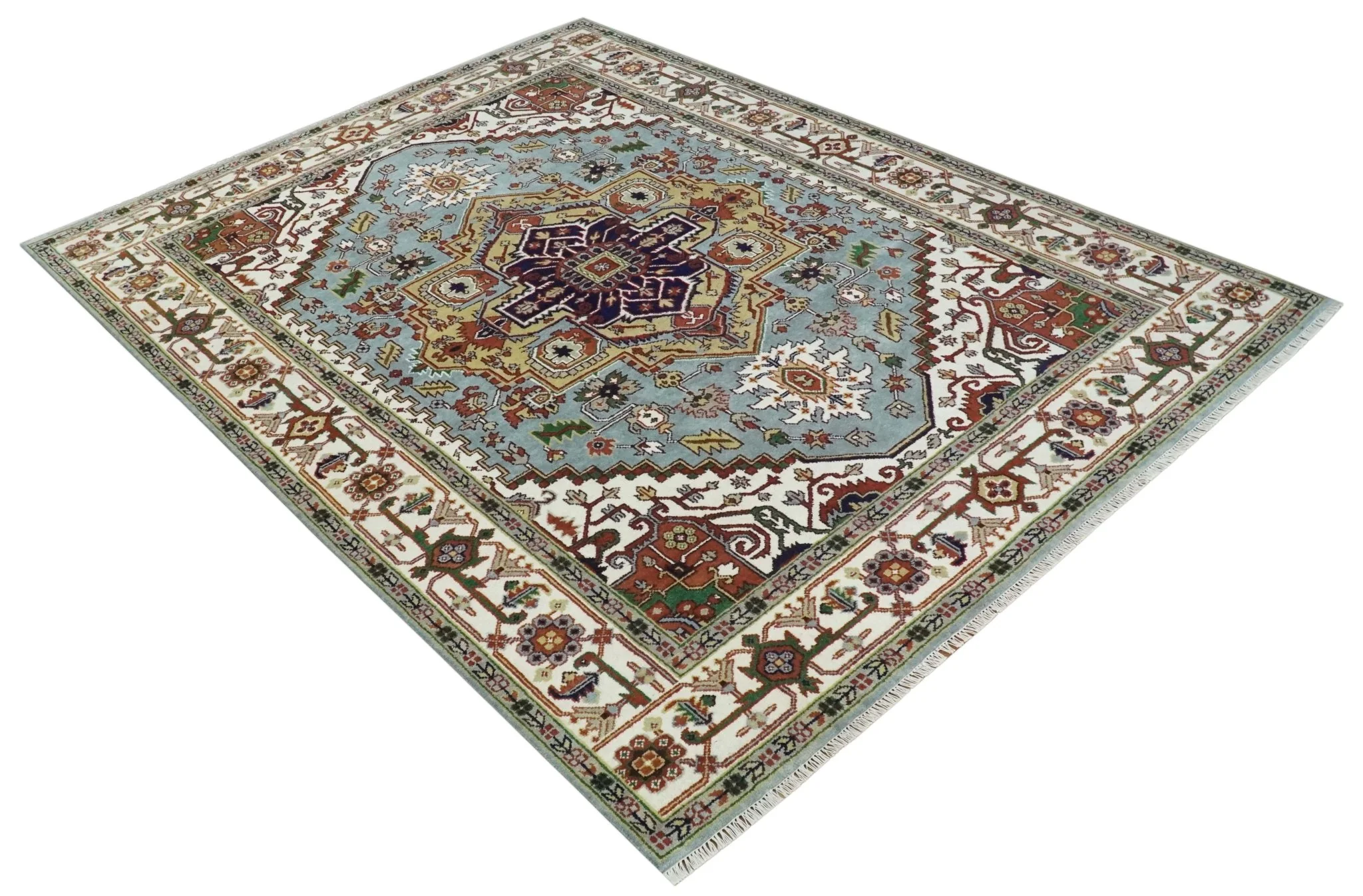 9x12 and Runner Traditional Mustard, Silver and Ivory Hand knotted wool Area Rug - Image 9