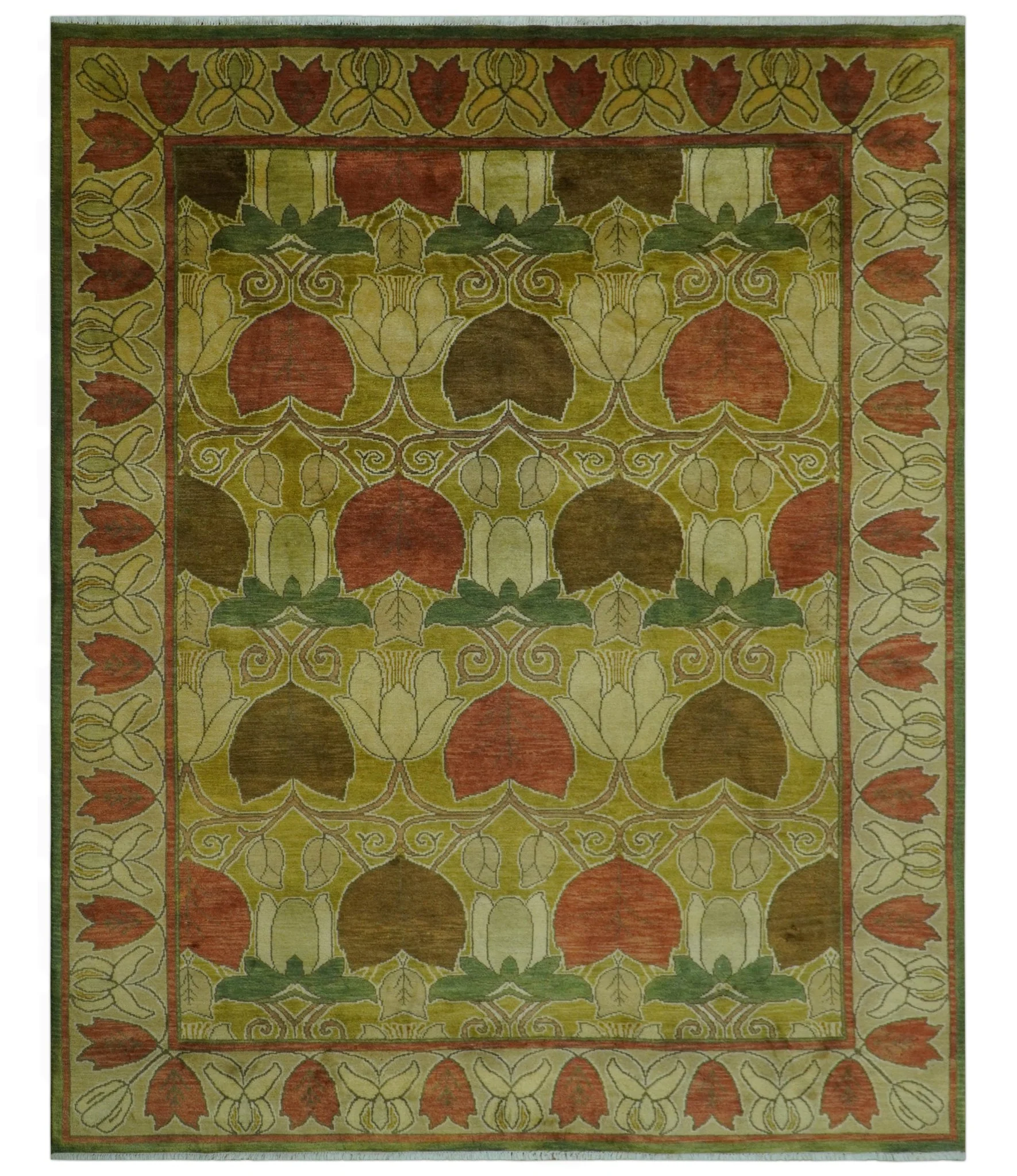 Art and Craft Design Olive Green And Brown Hand Knotted 8x10 Wool Area Rug - Image 13