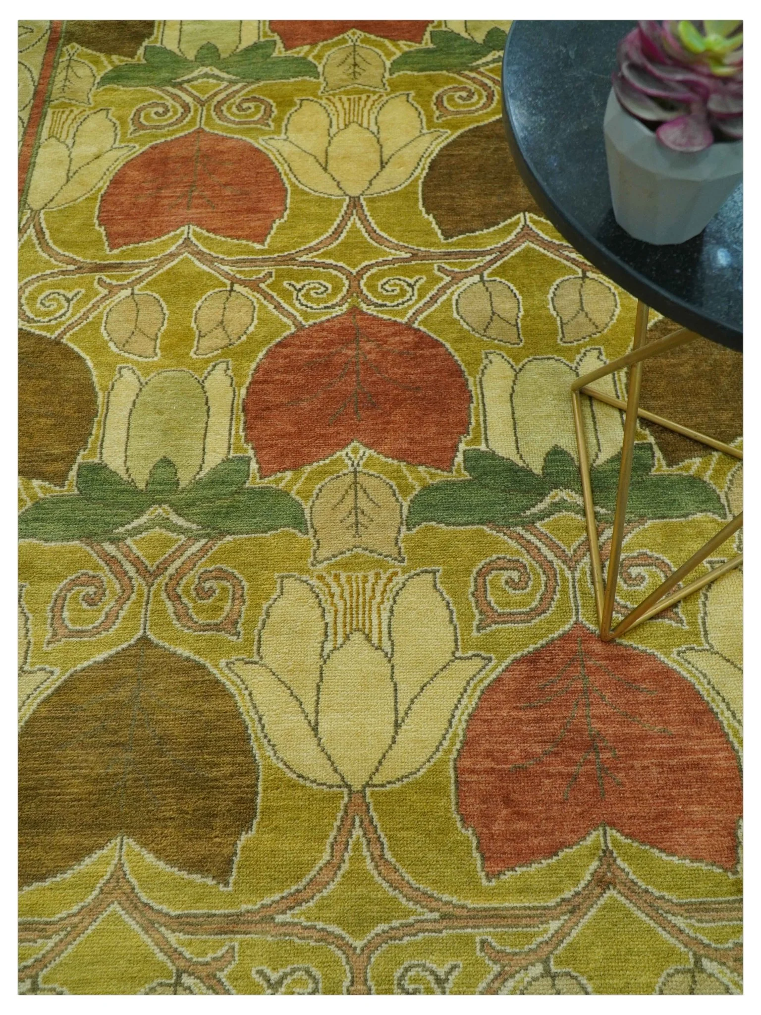 Art and Craft Design Olive Green And Brown Hand Knotted 8x10 Wool Area Rug - Image 3