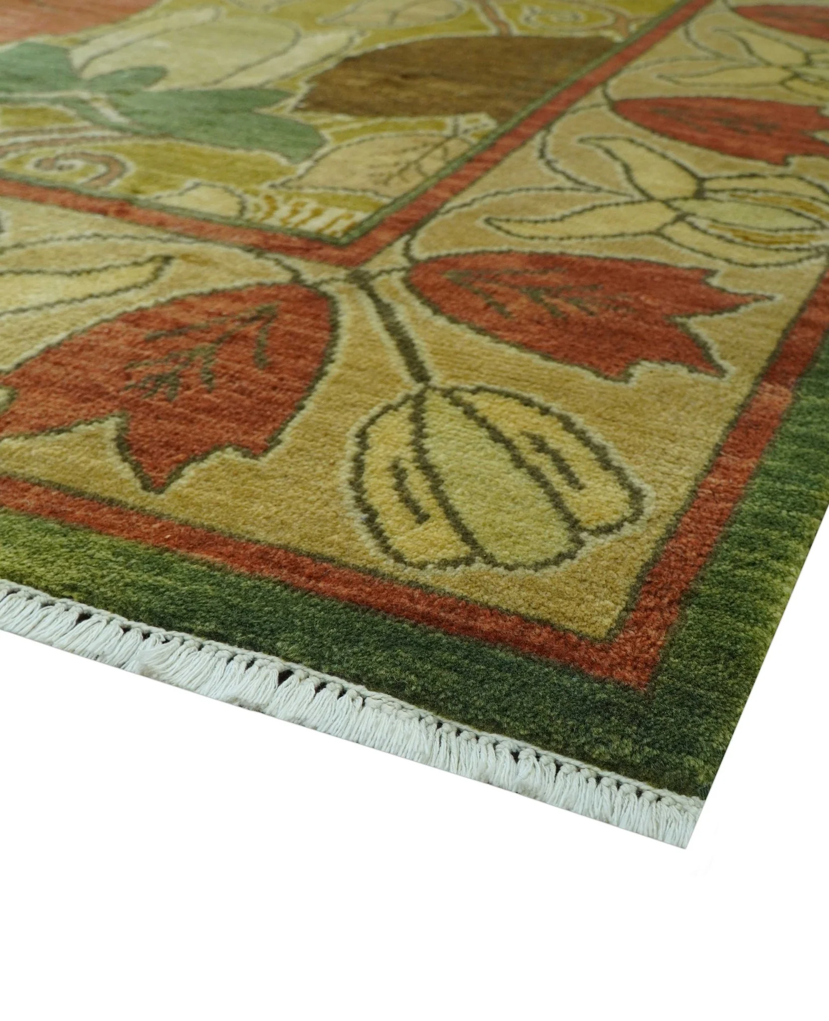 Art and Craft Design Olive Green And Brown Hand Knotted 8x10 Wool Area Rug - Image 7