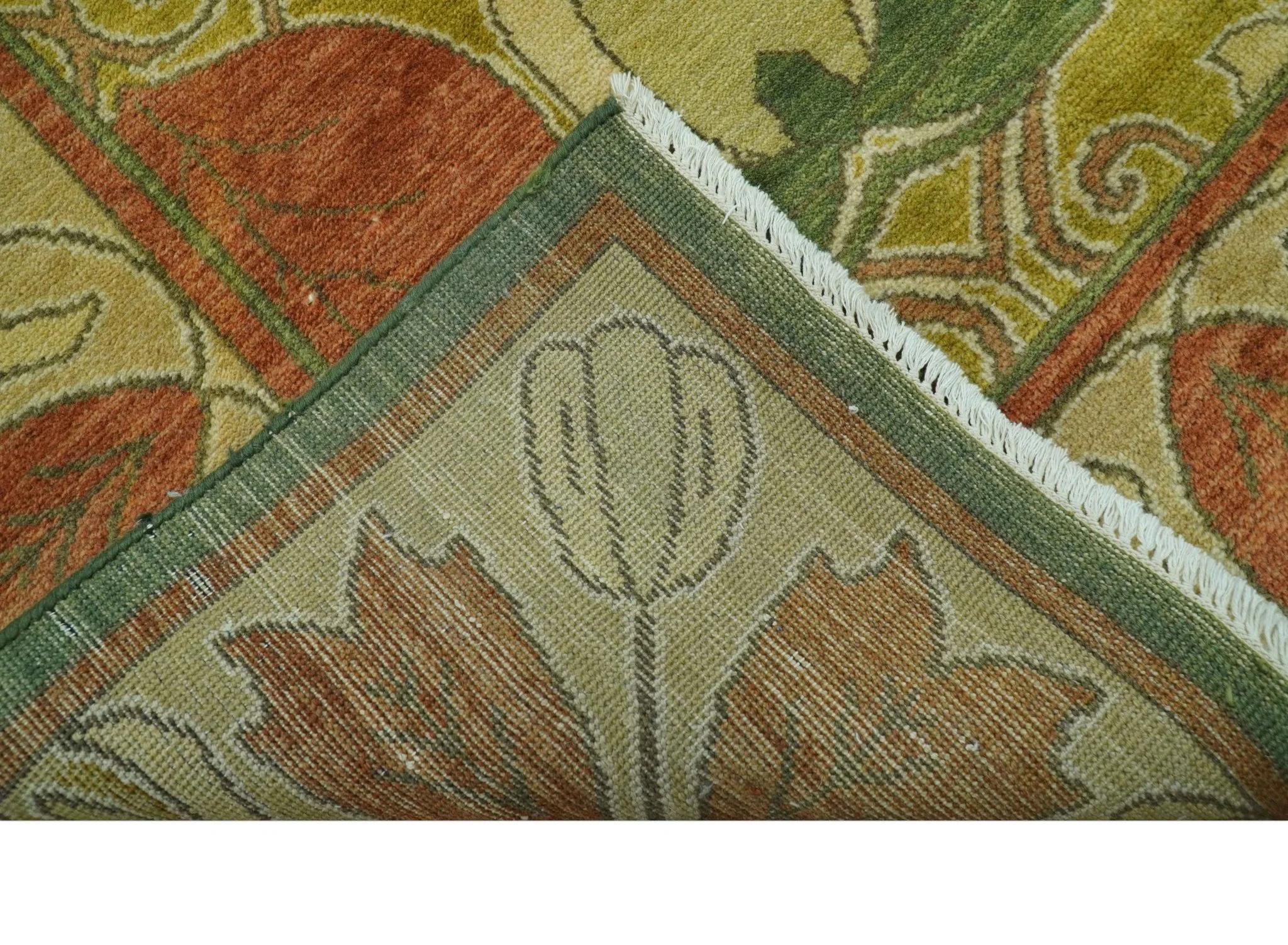 Art and Craft Design Olive Green And Brown Hand Knotted 8x10 Wool Area Rug - Image 8
