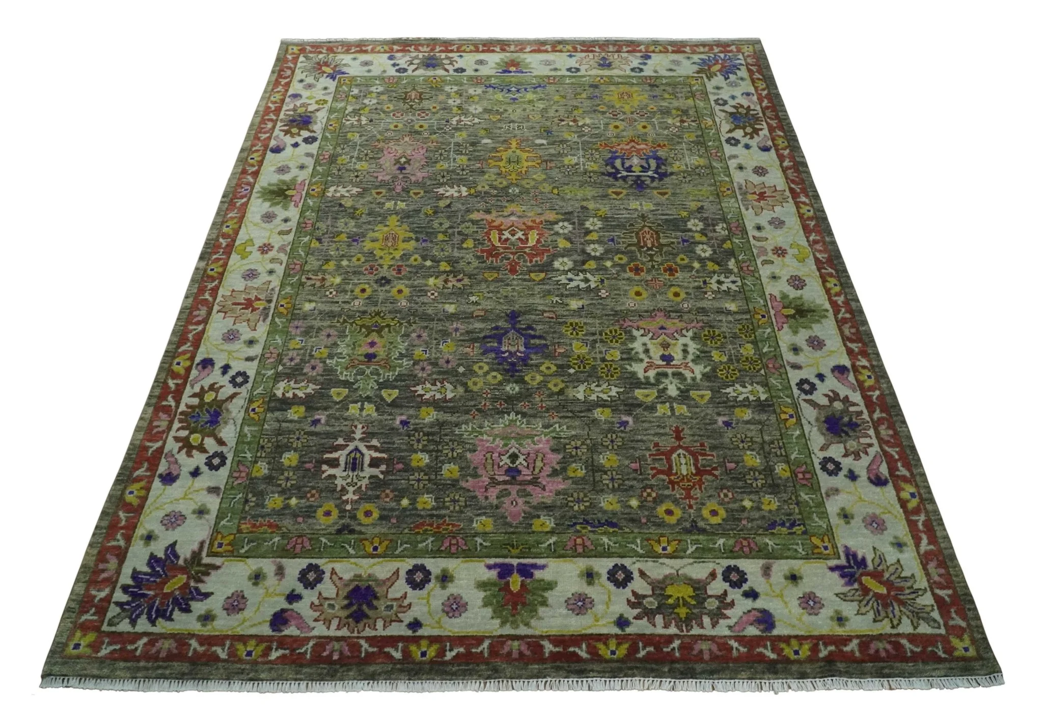 Ready 9x12 Traditional Moss Green and Silver Hand knotted Oushak Wool Area Rug - Image 10