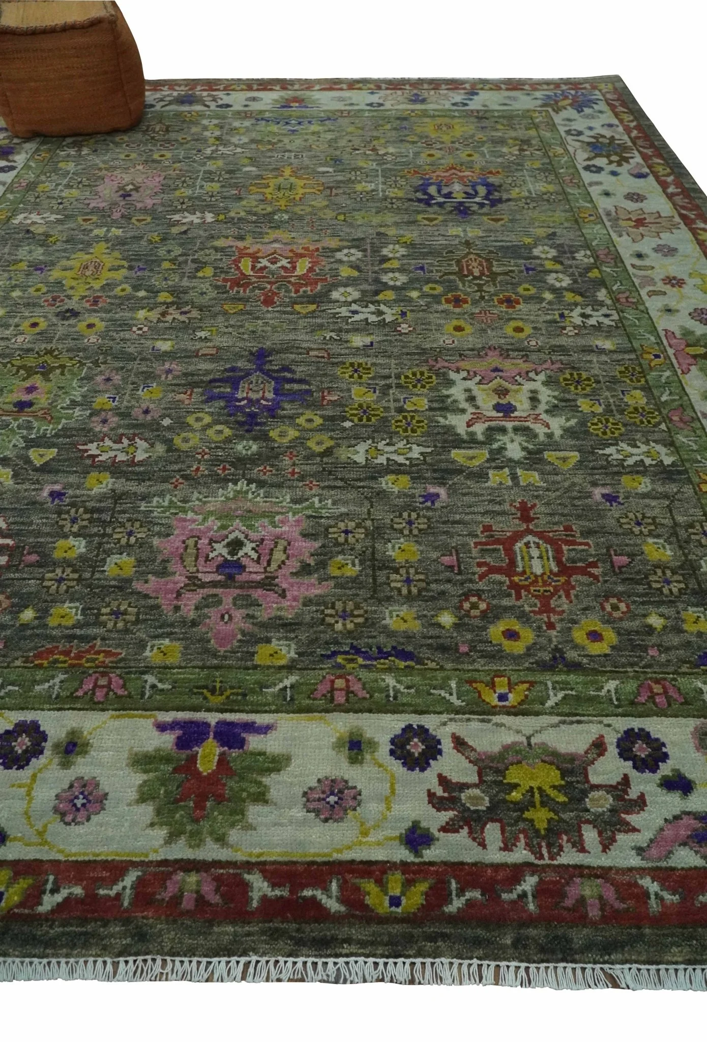 Ready 9x12 Traditional Moss Green and Silver Hand knotted Oushak Wool Area Rug - Image 3