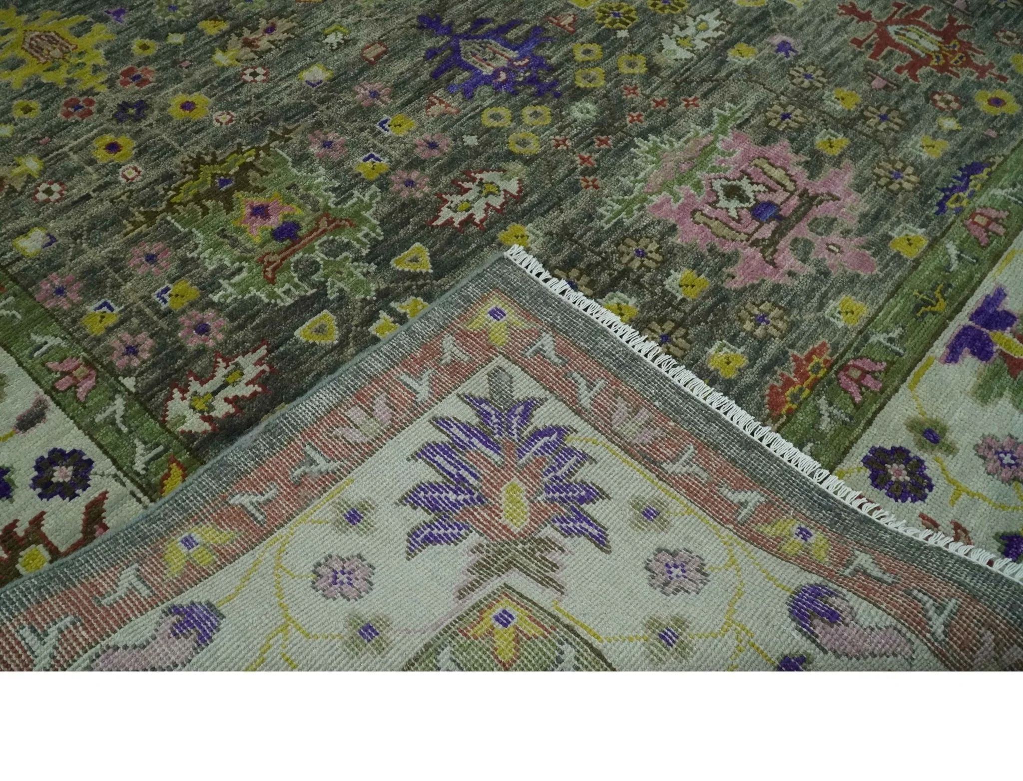 Ready 9x12 Traditional Moss Green and Silver Hand knotted Oushak Wool Area Rug - Image 7