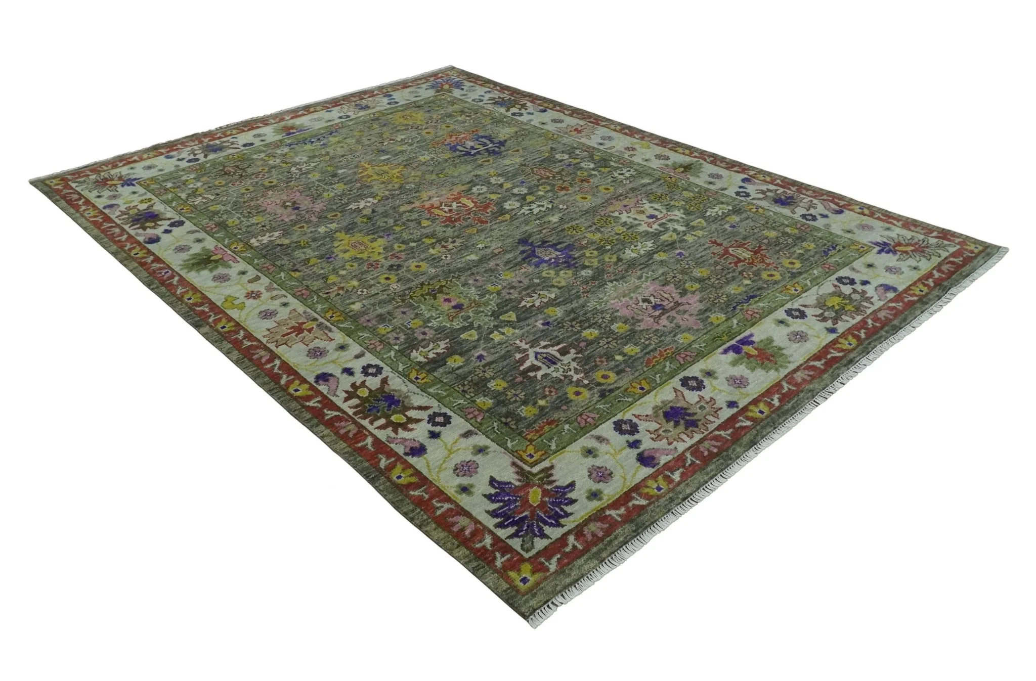 Ready 9x12 Traditional Moss Green and Silver Hand knotted Oushak Wool Area Rug - Image 9