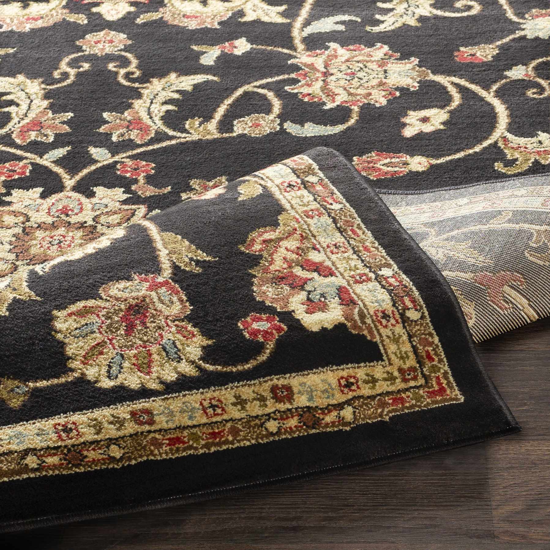 Traditional Oriental Black Machine Woven Rug - Image 4