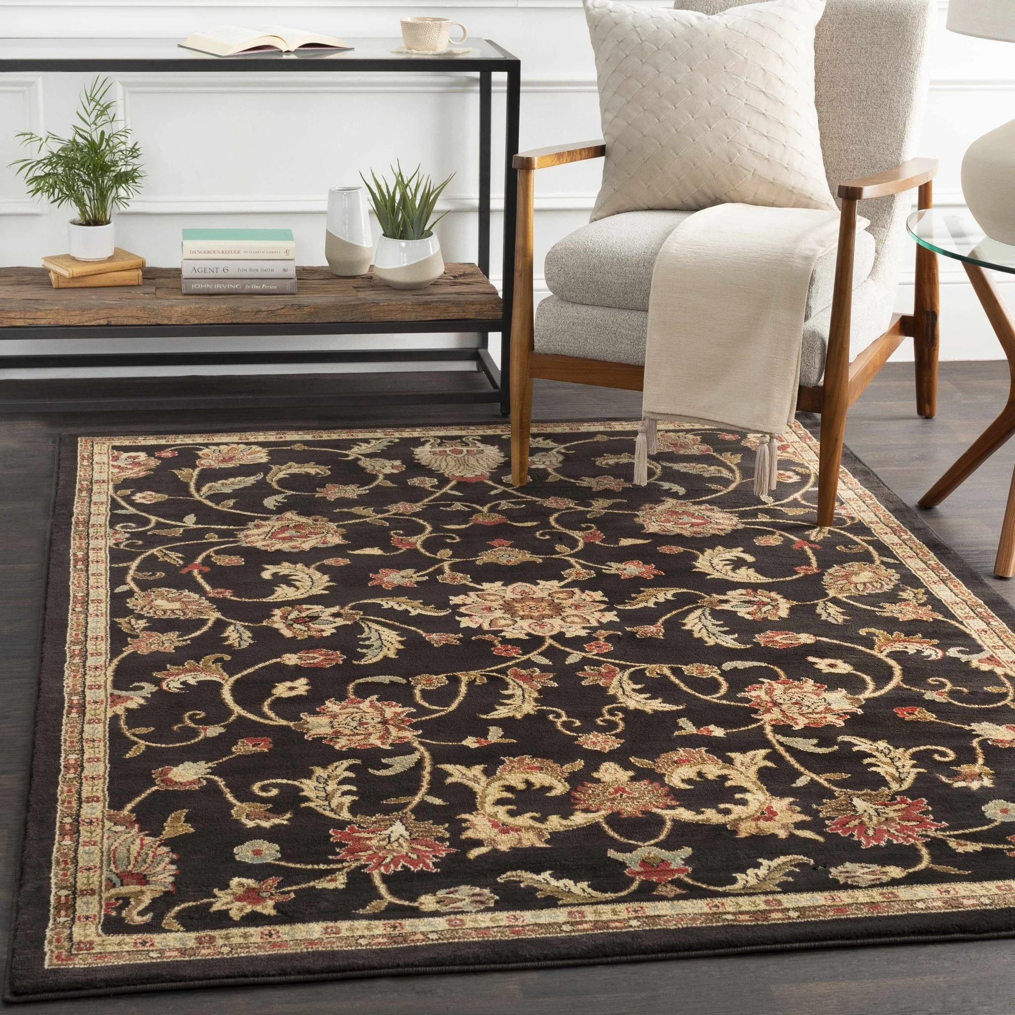 Traditional Oriental Black Machine Woven Rug - Image 6