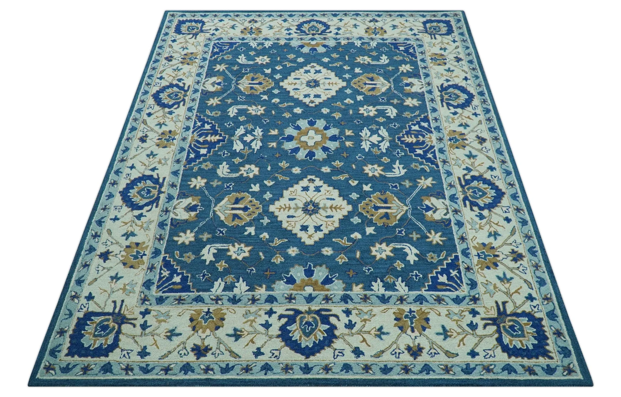 Traditional Oriental Design Beige And Blue Hand Tufted 8x10 Wool Area Rug - Image 12