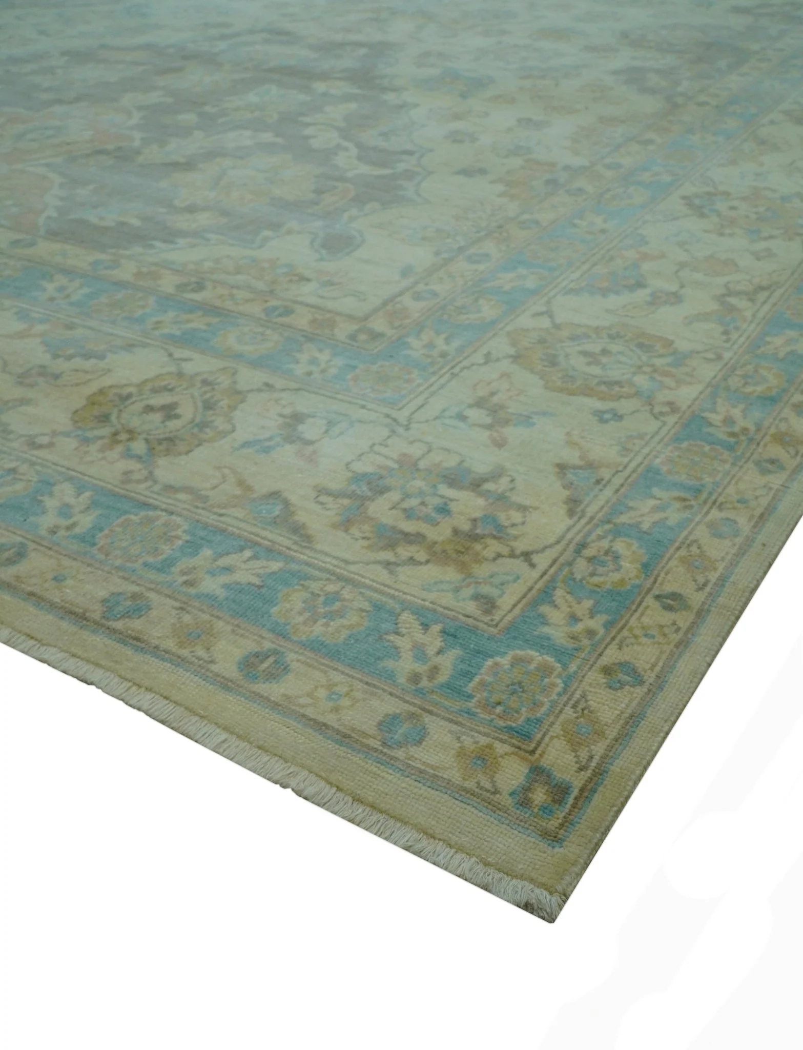 Traditional Oriental Design Blue And Beige Hand Knotted 8.5x11 Wool Area Rug - Image 4
