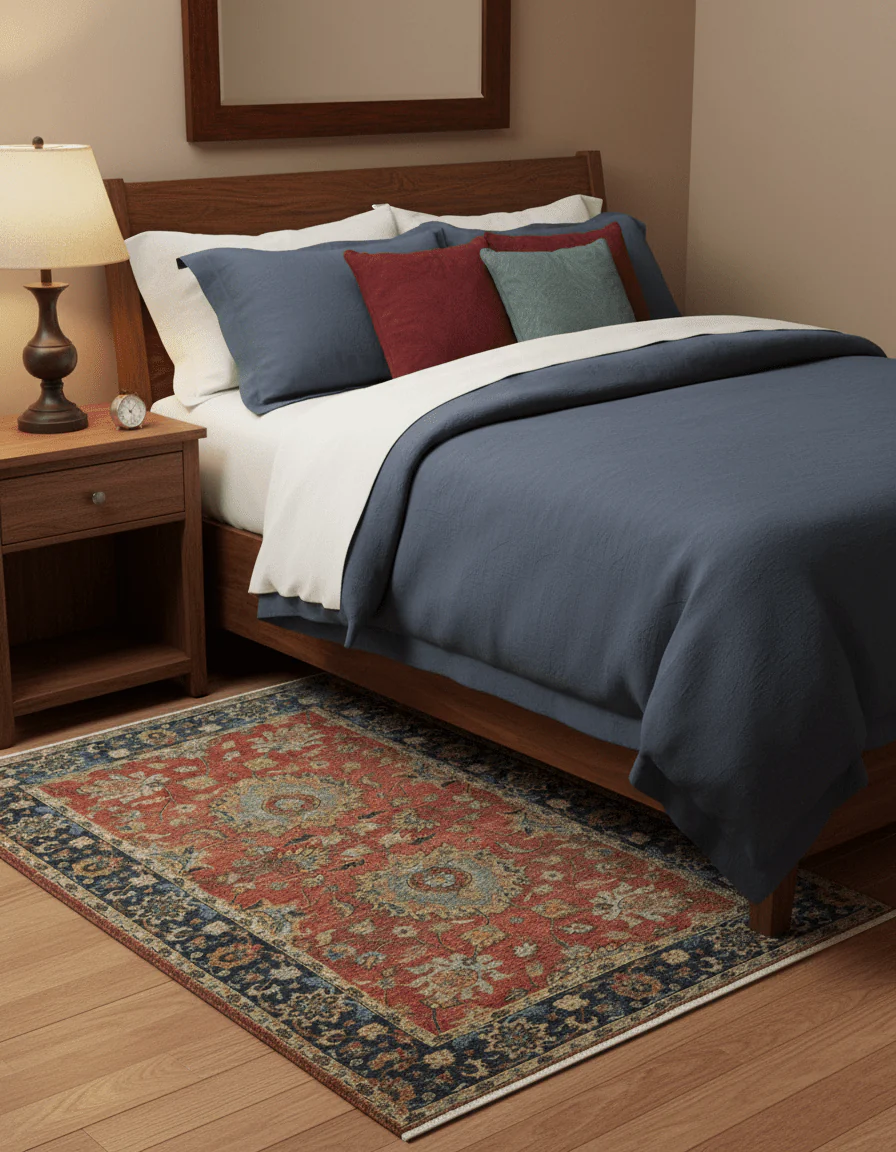 Traditional Oriental Design Fine Rust And Blue Hand Knotted 4x6 Wool Area Rug - Image 2
