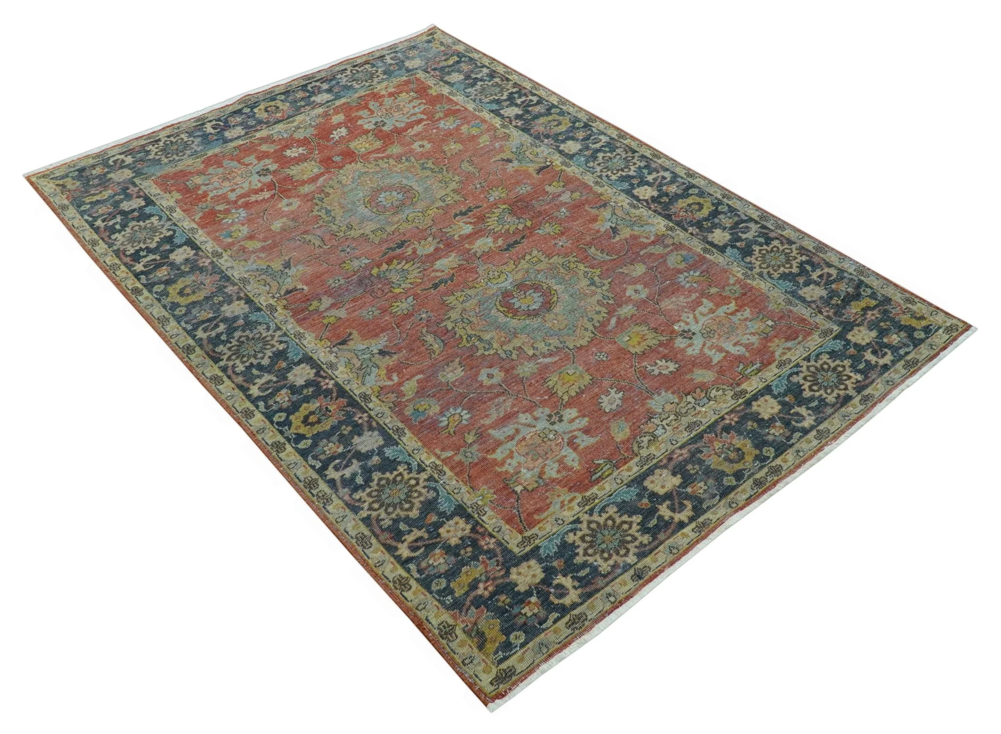 Traditional Oriental Design Fine Rust And Blue Hand Knotted 4x6 Wool Area Rug - Image 9