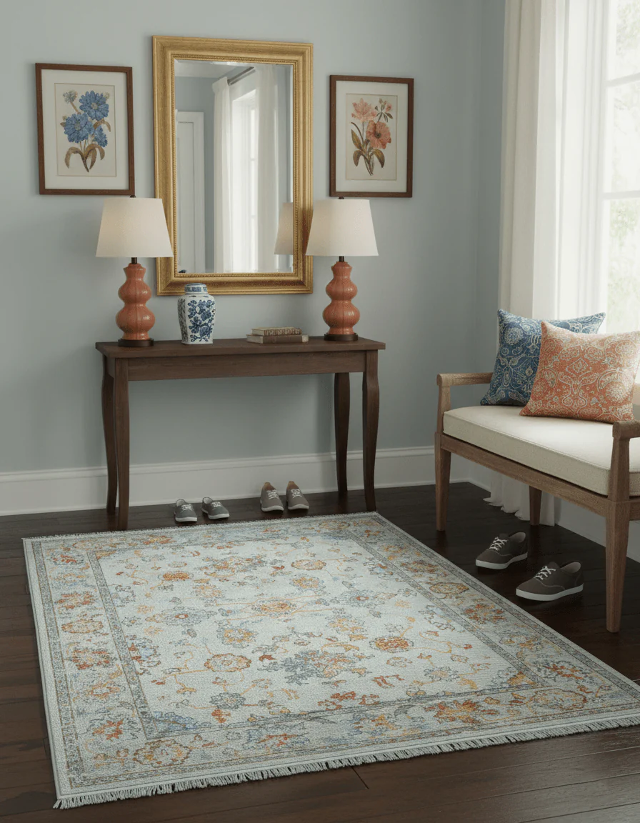 Traditional Oriental Design Silver And Rust Machine Woven 4x5.7 Polyester Area Rug - Image 2