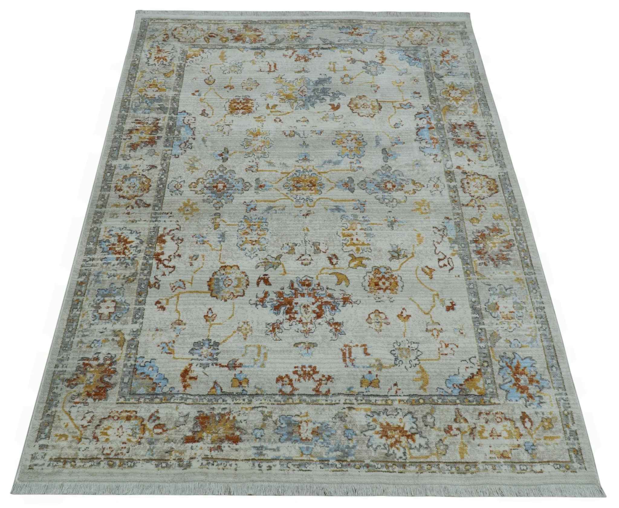 Traditional Oriental Design Silver And Rust Machine Woven 4x5.7 Polyester Area Rug - Image 8