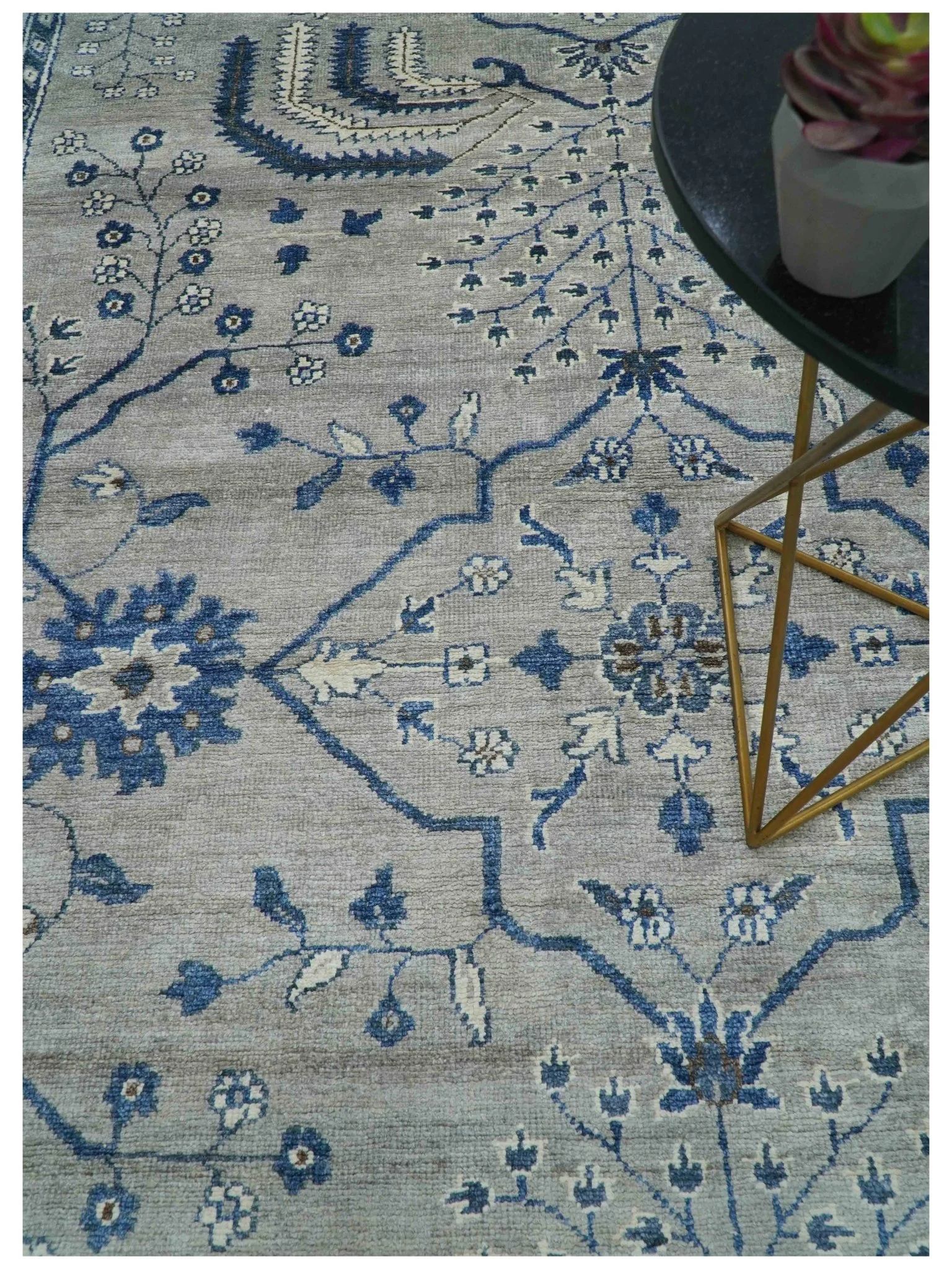 Traditional Oriental Gray And Blue Hand knotted Art Silk Area Rug - Image 2